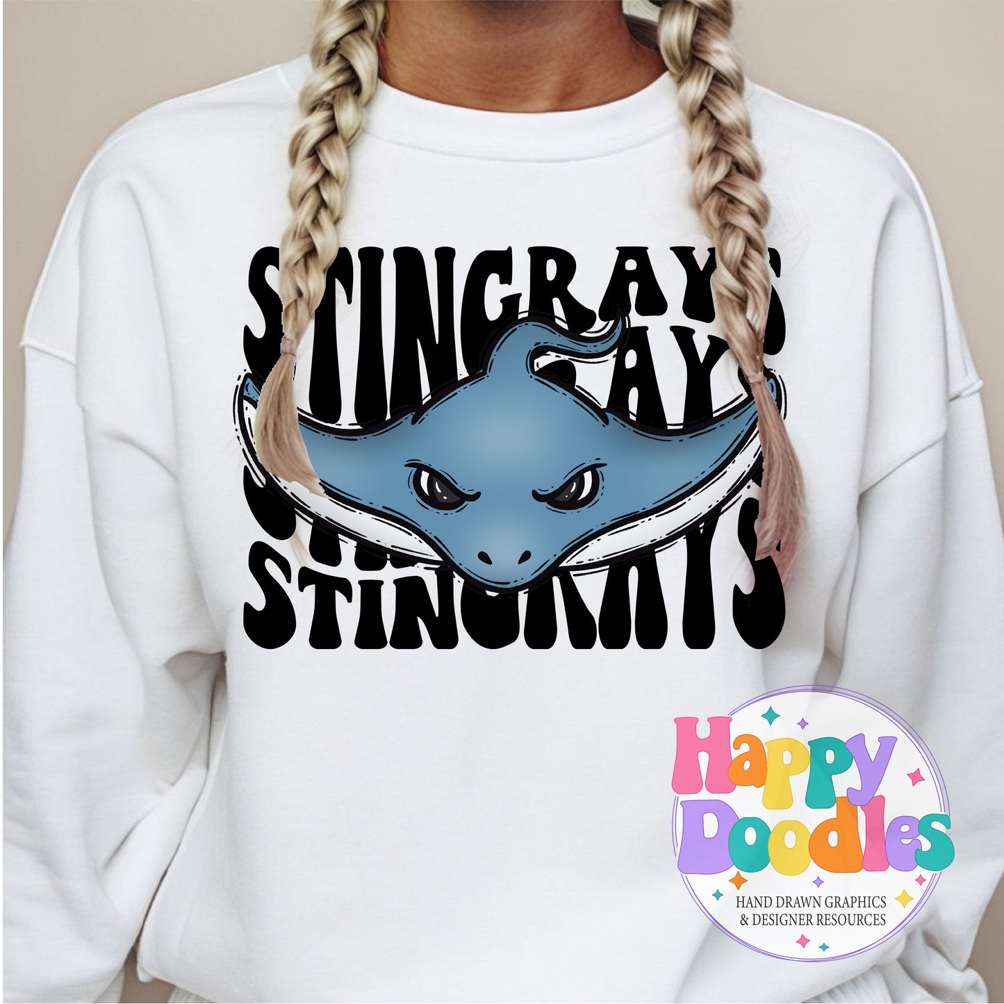 Wavy Retro Stingrays Mascot Printable PNG T‑Shirt Design - Happy Doodles Designs