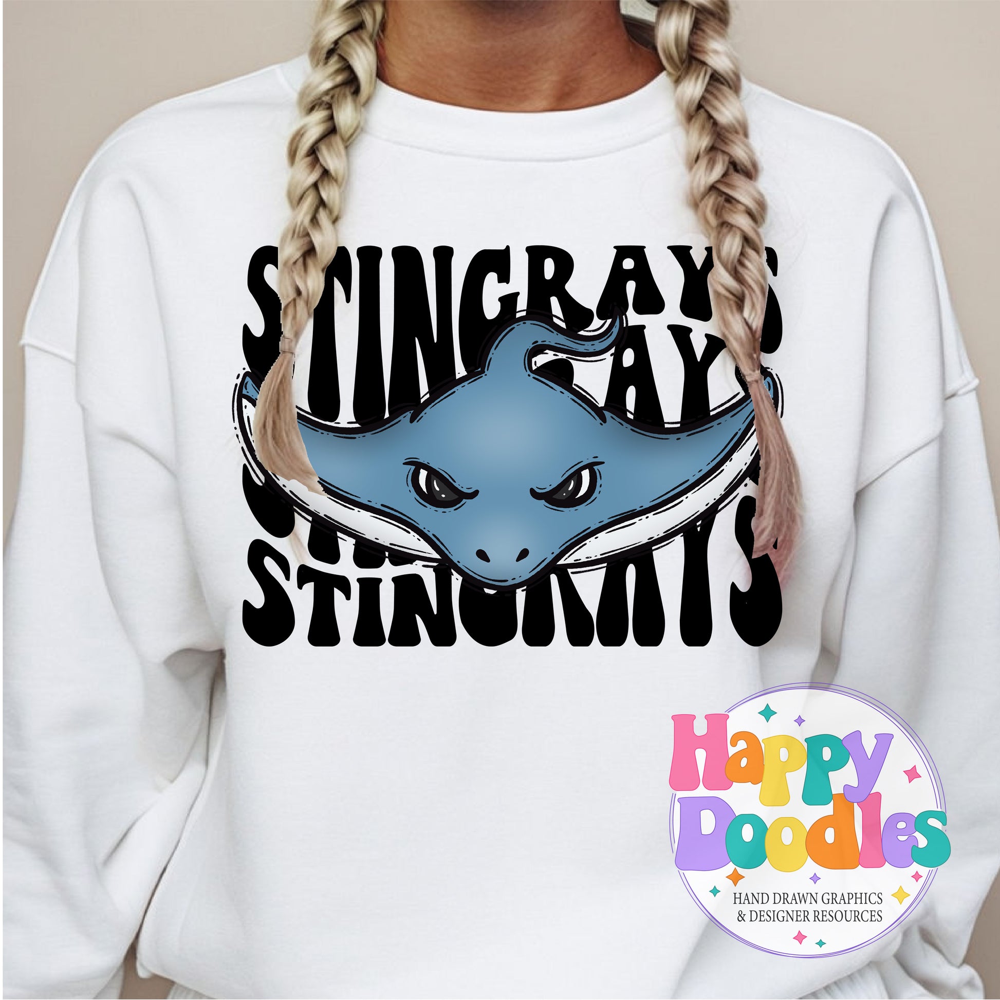 Wavy Retro Stingrays Mascot Printable PNG T‑Shirt Design - Happy Doodles Designs