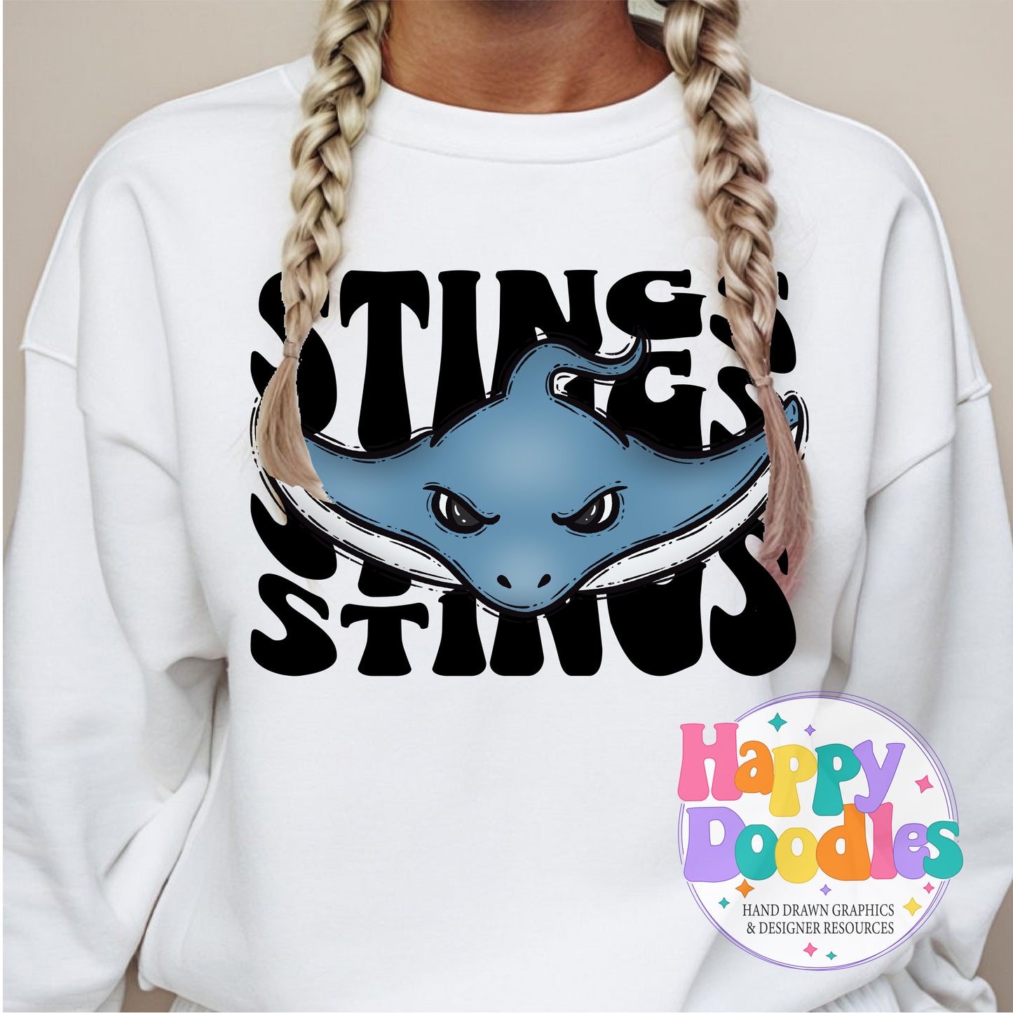 Wavy Retro Stings Mascot Printable PNG T‑Shirt Design - Happy Doodles Designs