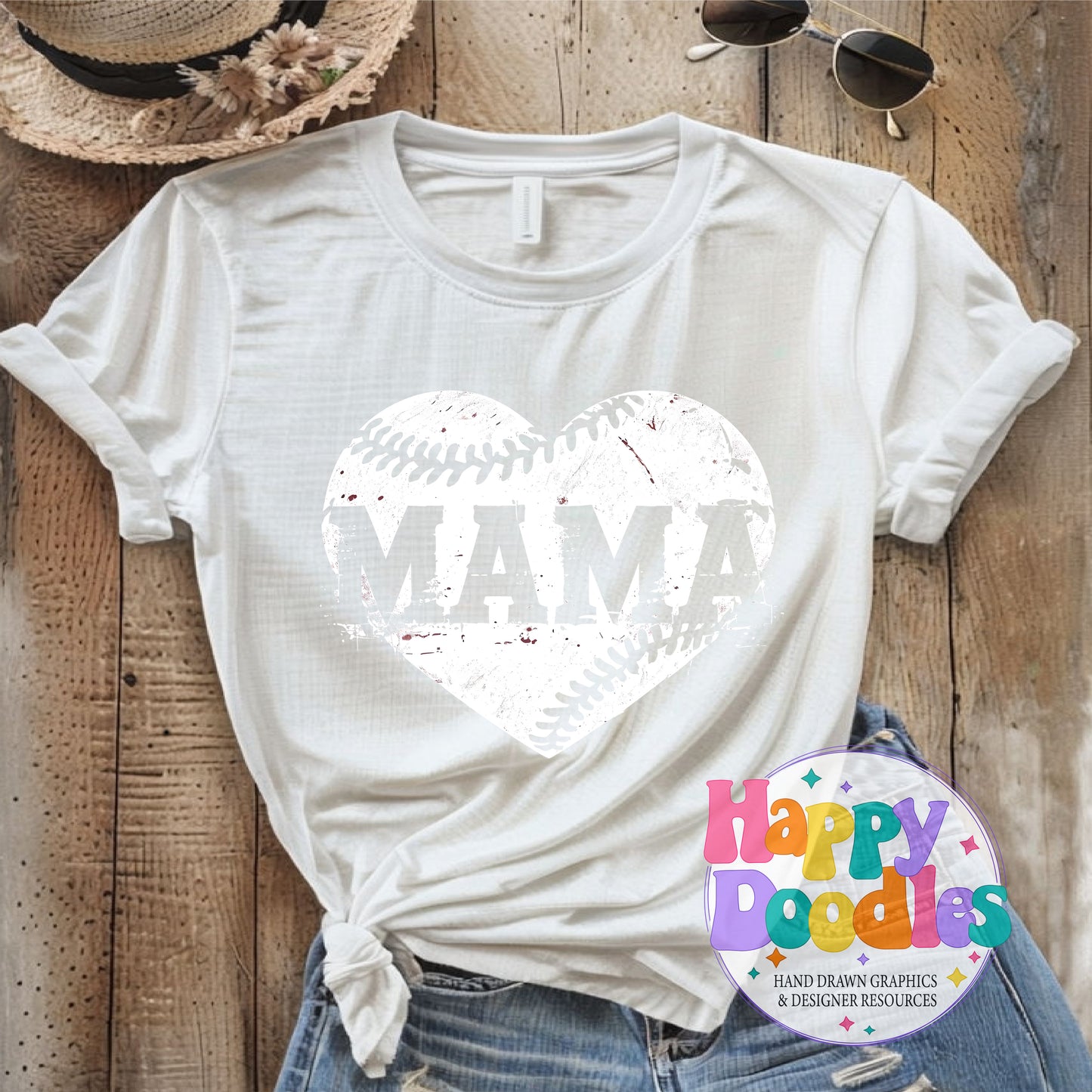 Mama Baseball Heart Distressed Printable PNG T-Shirt Design - Happy Doodles Designs