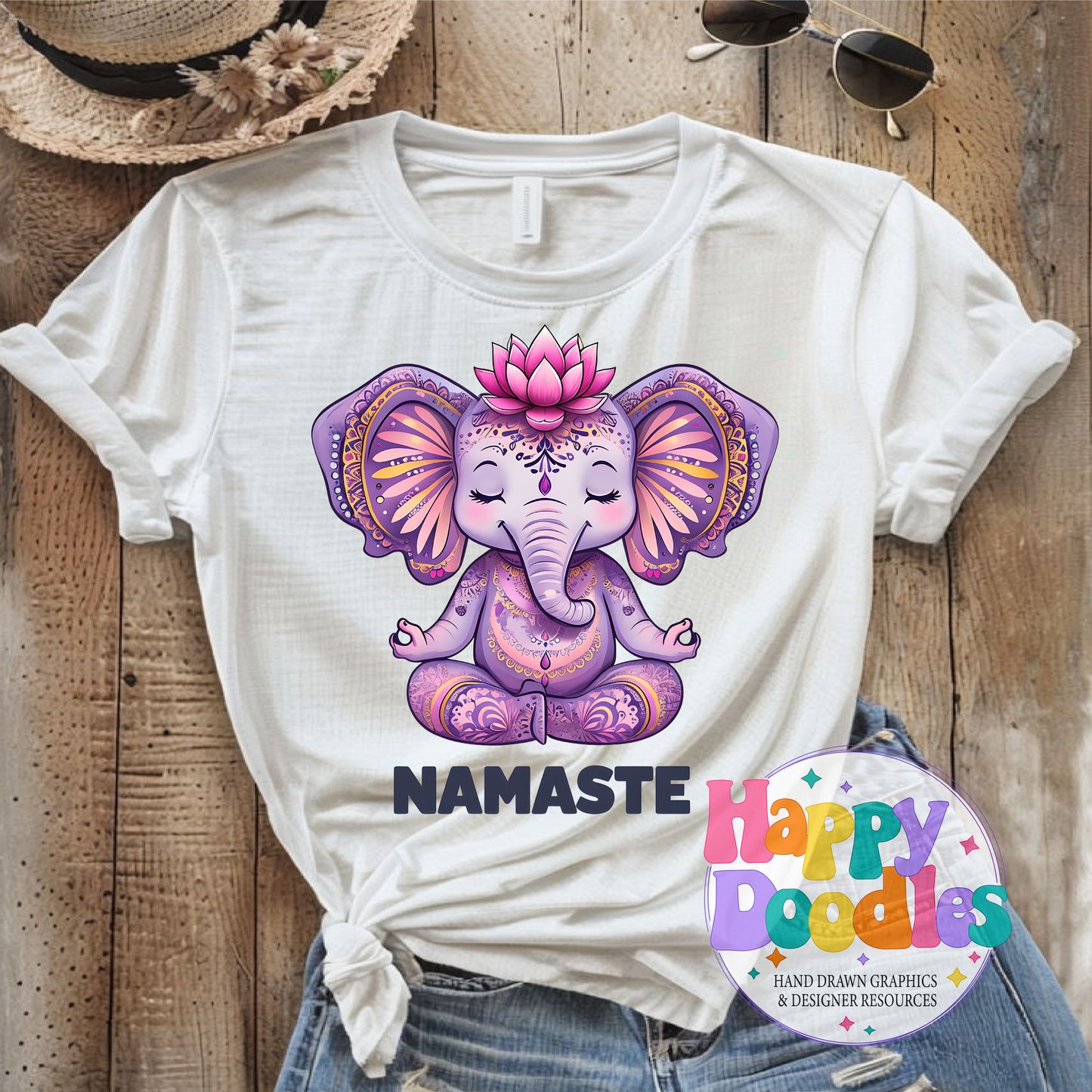 Namaste Elephant DIY Printable T-Shirt Design - Happy Doodles Designs