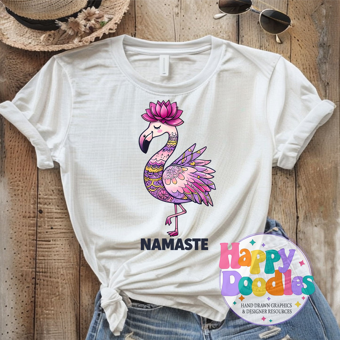 Namaste Flamingo Printable PNG for Sublimation & Crafts - Happy Doodles Designs