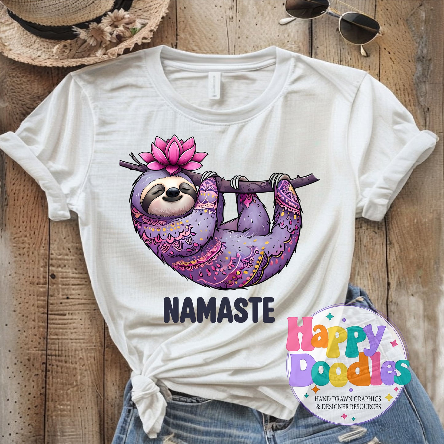 Namaste Sloth DIY Printable T-Shirt Design - Happy Doodles Designs
