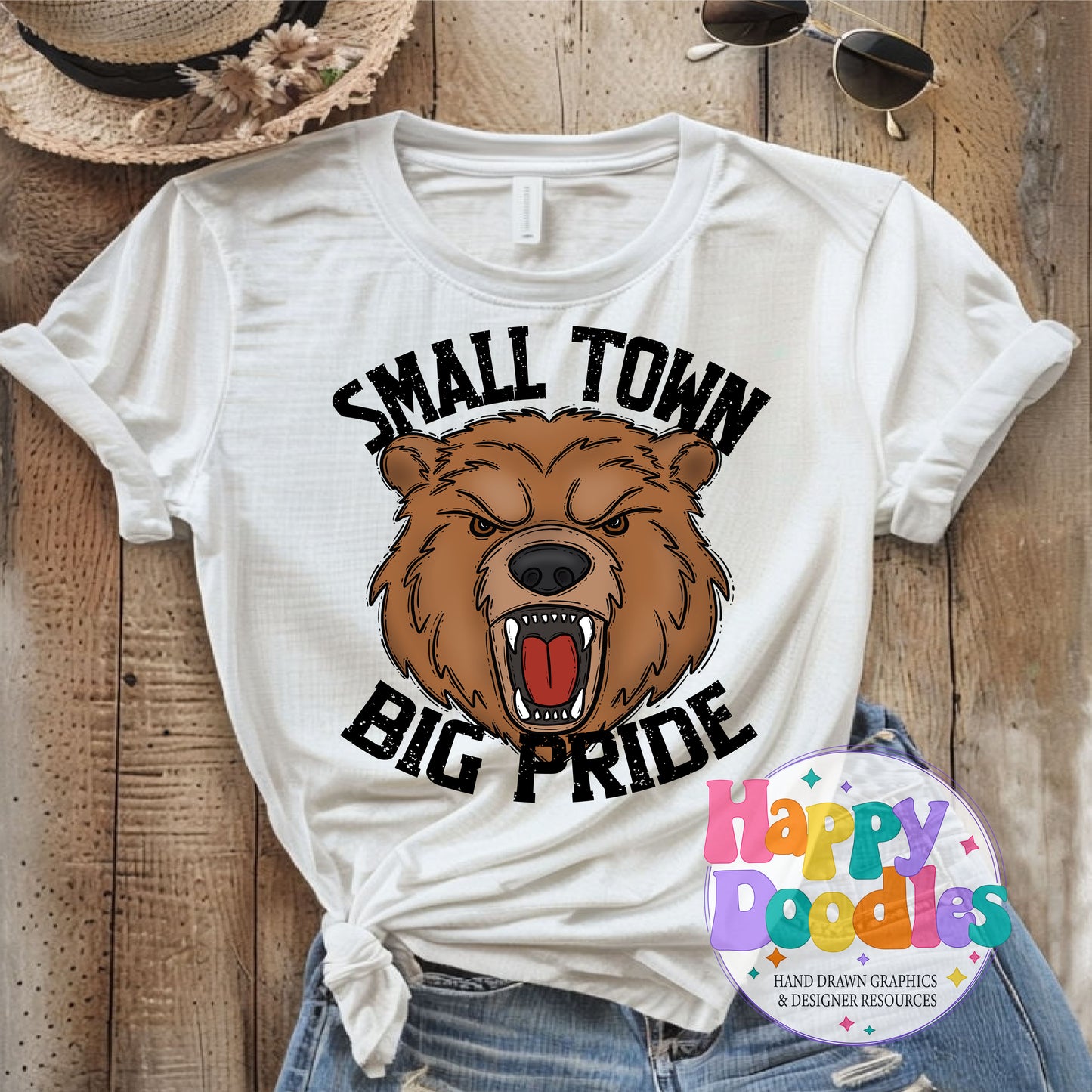 Small Town Big Pride Brown Bear Printable PNG Design - Happy Doodles Designs