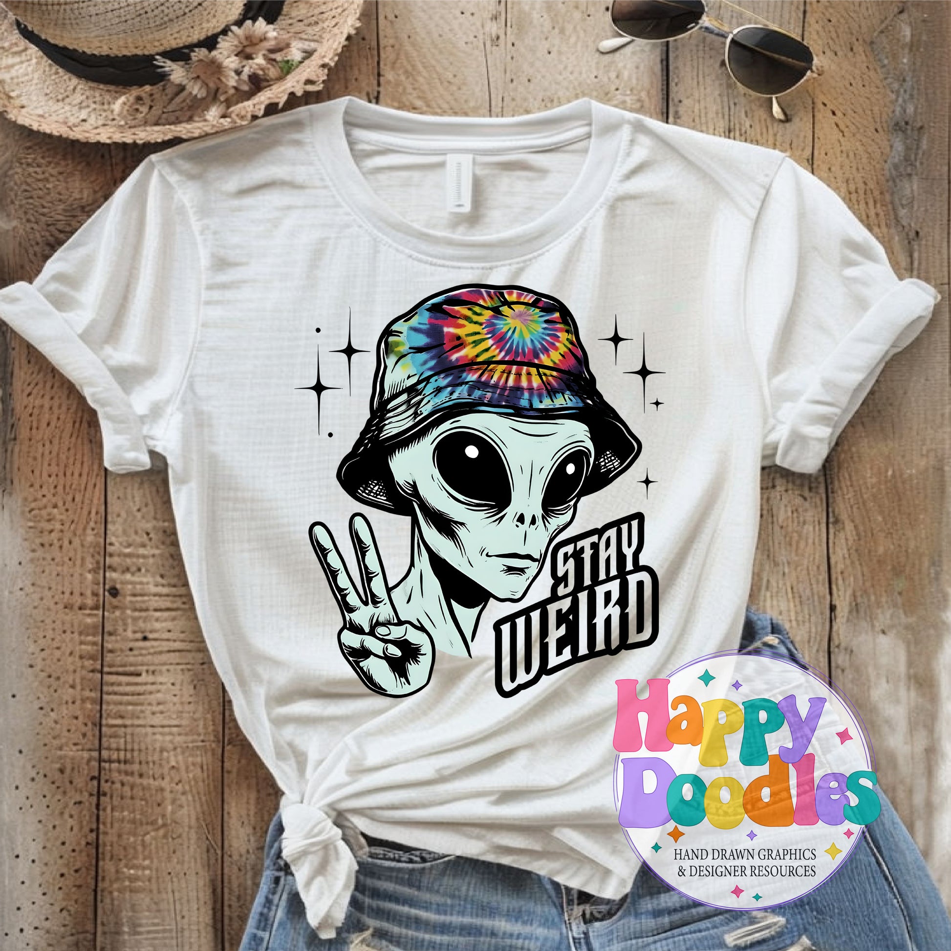 Stay Weird Peace Alien T-Shirt Printable PNG Download - Happy Doodles Designs