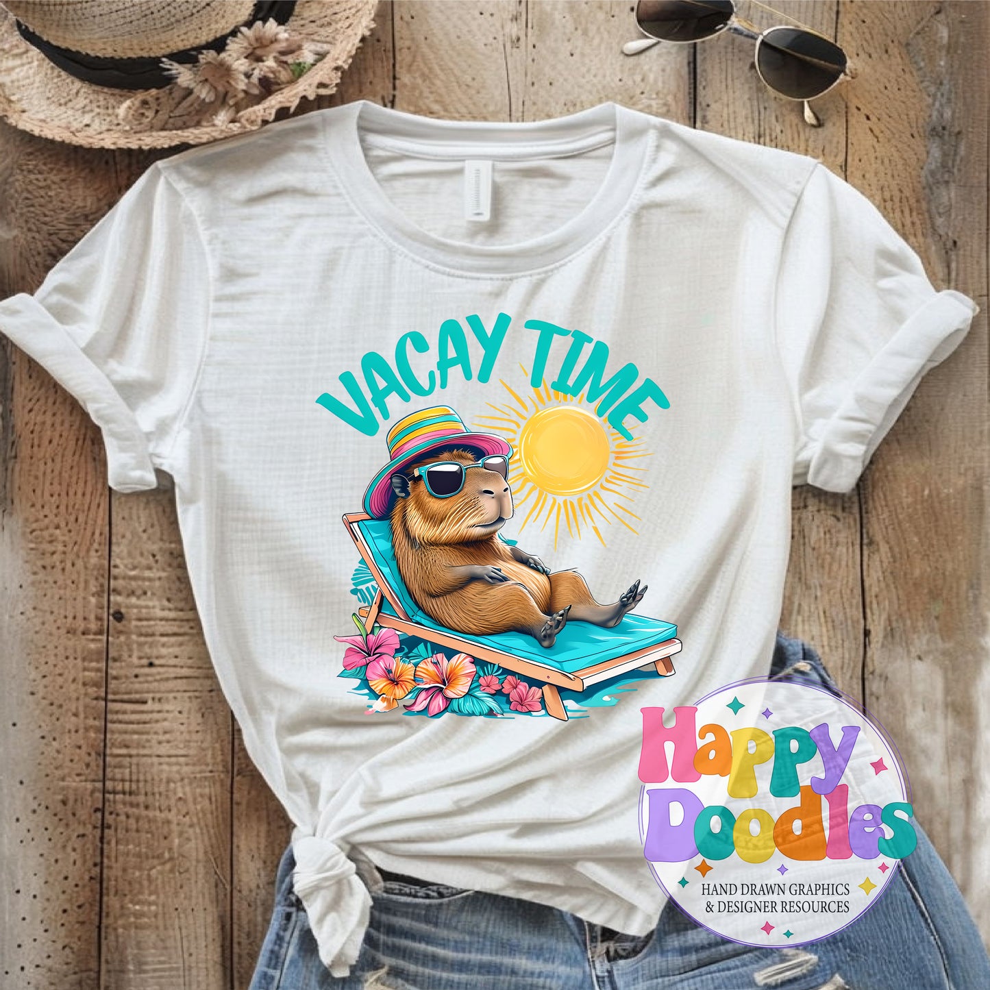 Vacay Time Capybara Printable PNG T-Shirt Design - Happy Doodles Designs