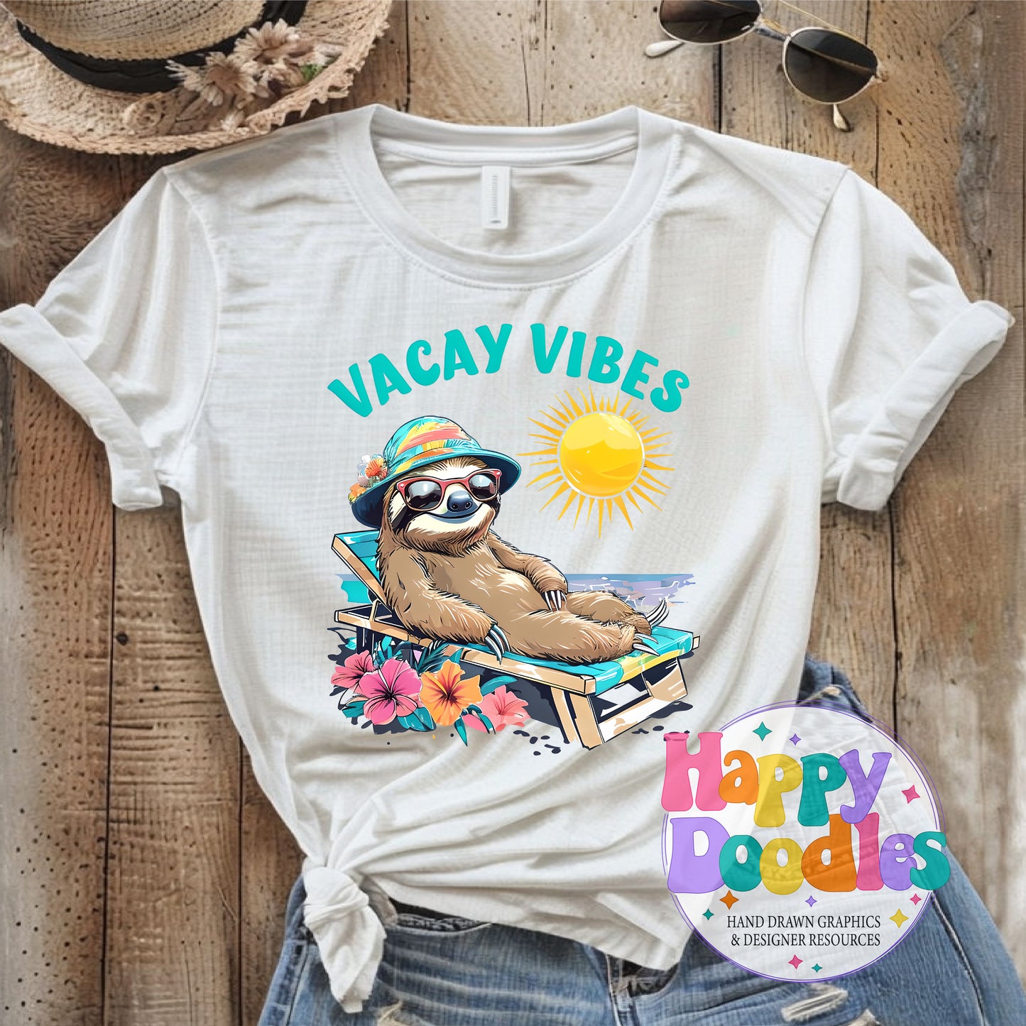 Vacay Vibes Sloth High Resolution Printable PNG - Happy Doodles Designs