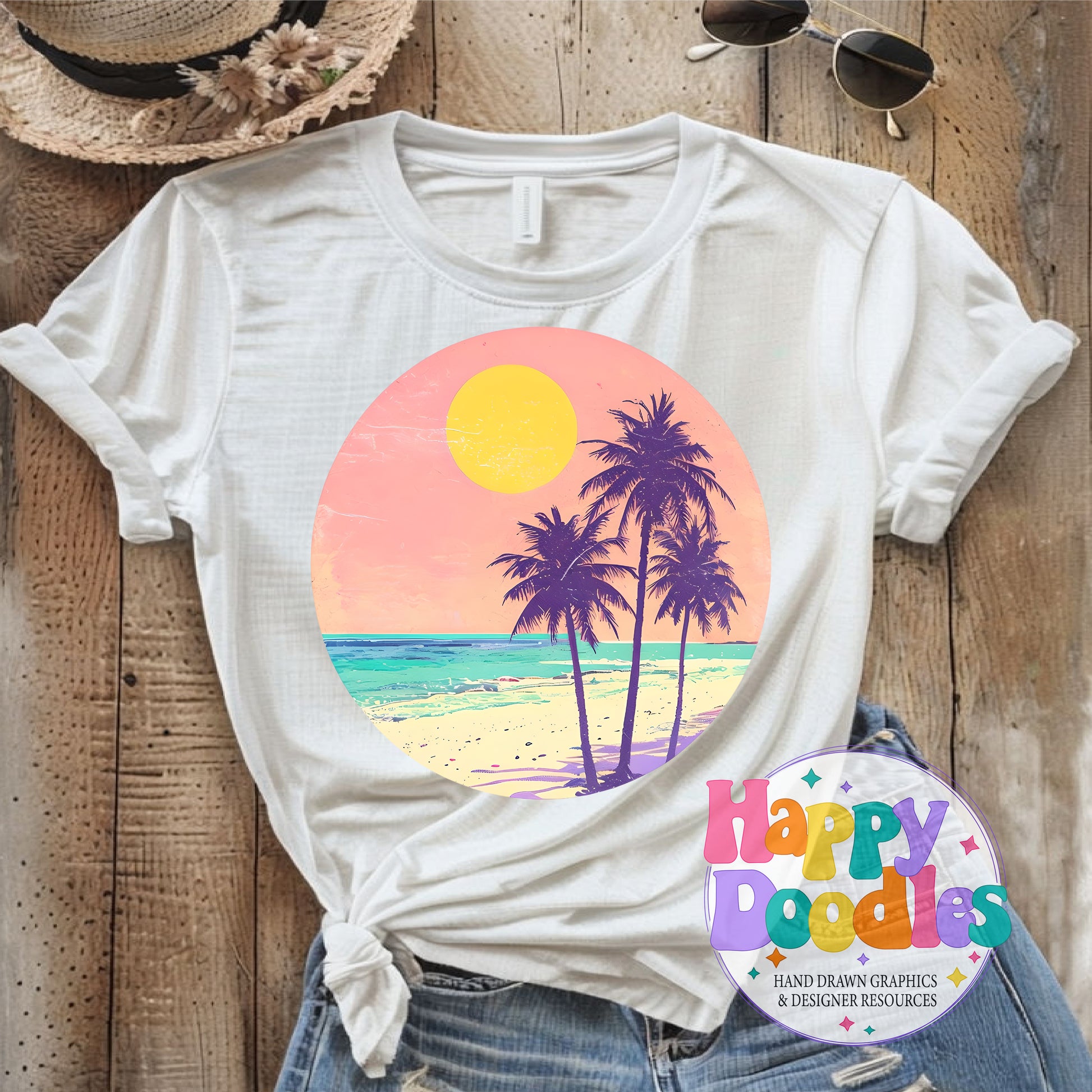 Vintage Pink Palm Tree Background High Resolution Printable PNG - Happy Doodles Designs