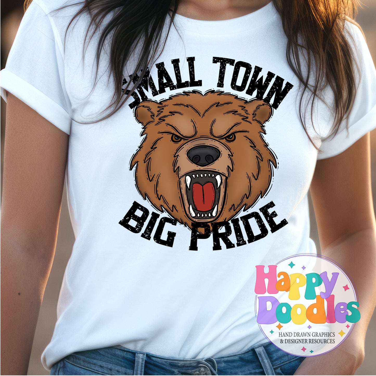Small Town Big Pride Brown Bear Printable PNG Design - Happy Doodles Designs