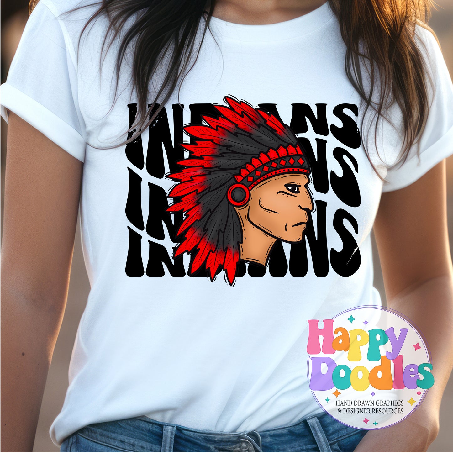 Wavy Retro Indians Mascot Printable PNG - Happy Doodles Designs