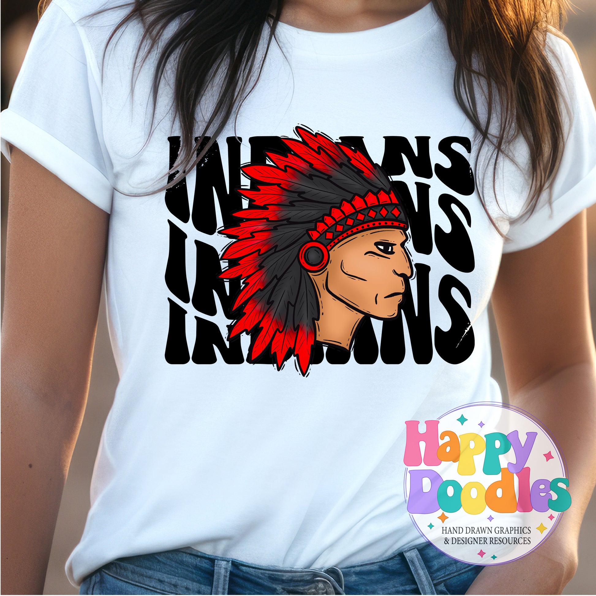 Wavy Retro Indians Mascot Printable PNG - Happy Doodles Designs