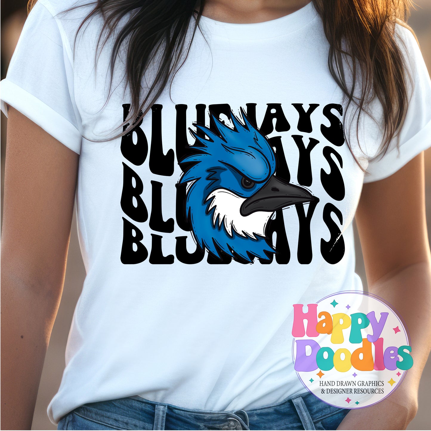 Wavy Retro Bluejays Mascot Printable PNG T‑Shirt Design - Happy Doodles Designs