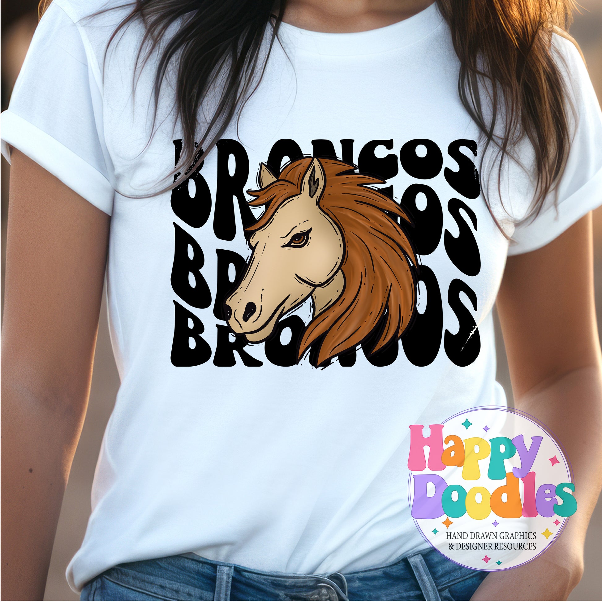 Wavy Retro Broncos Mascot Printable PNG - Happy Doodles Designs