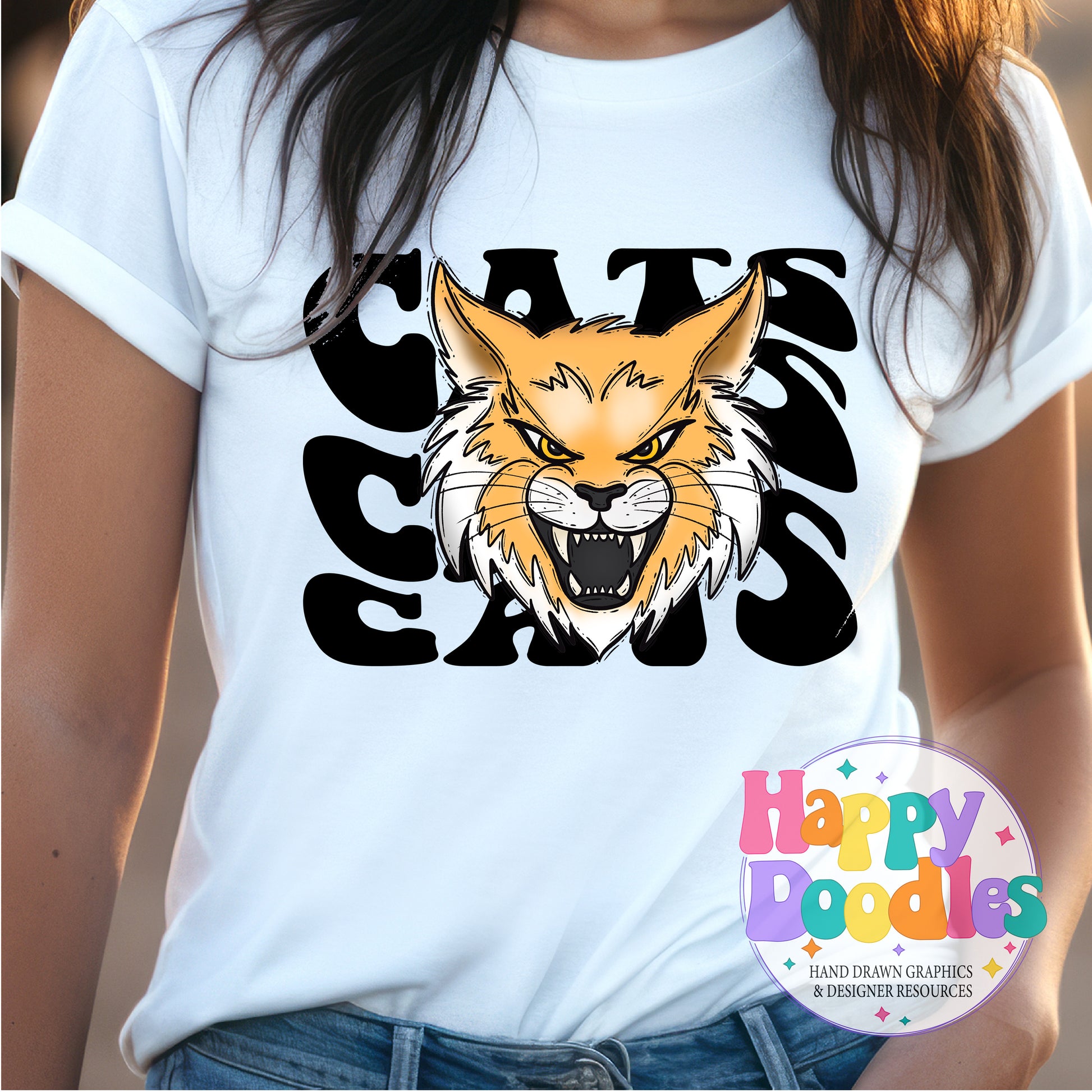 Wavy Retro Cats Mascot T‑Shirt Printable PNG Download - Happy Doodles Designs