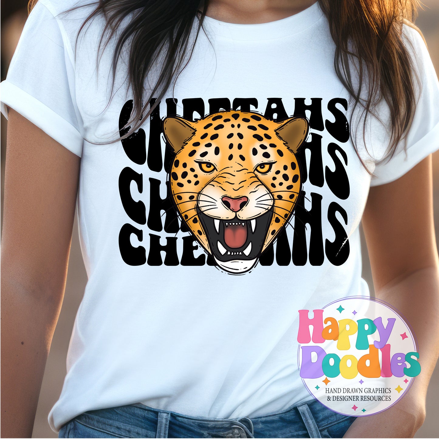 Wavy Retro Cheetahs Mascot High Resolution Printable PNG - Happy Doodles Designs