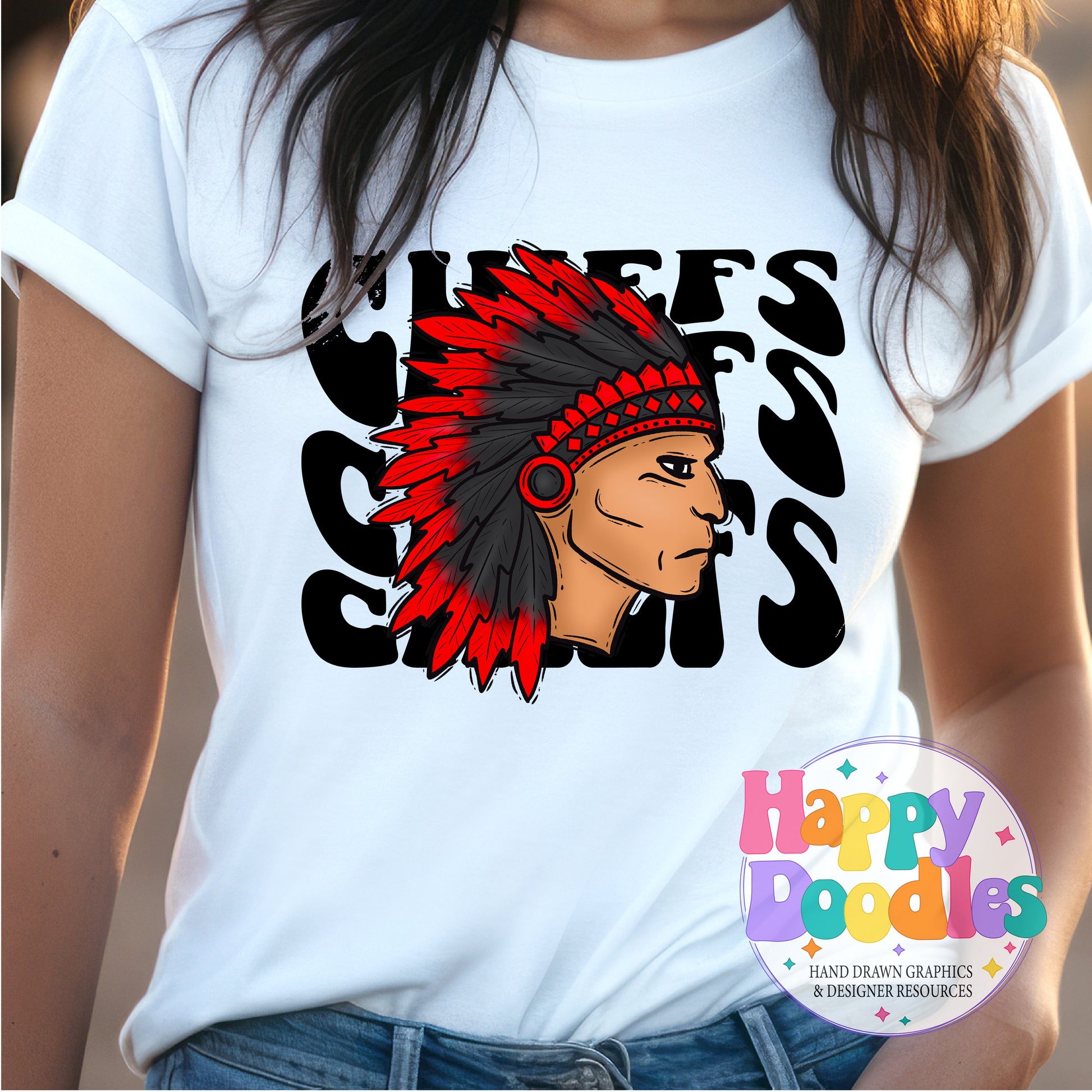 Wavy Retro Chiefs Mascot Printable PNG T‑Shirt Design - Happy Doodles Designs