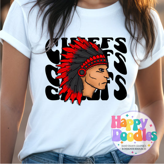 Wavy Retro Chiefs Mascot Printable PNG T‑Shirt Design - Happy Doodles Designs