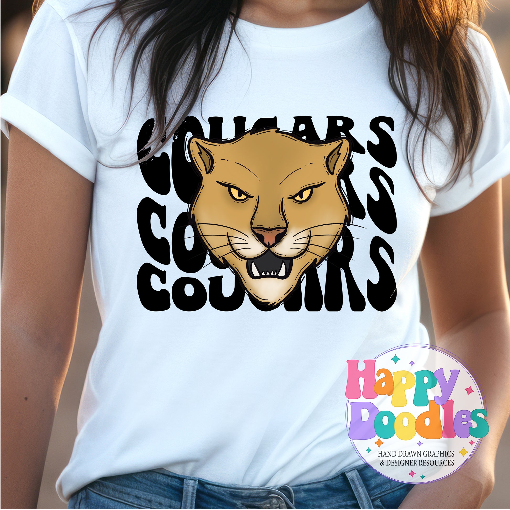 Wavy Retro Cougars Mascot Printable PNG for Sublimation & Crafts - Happy Doodles Designs