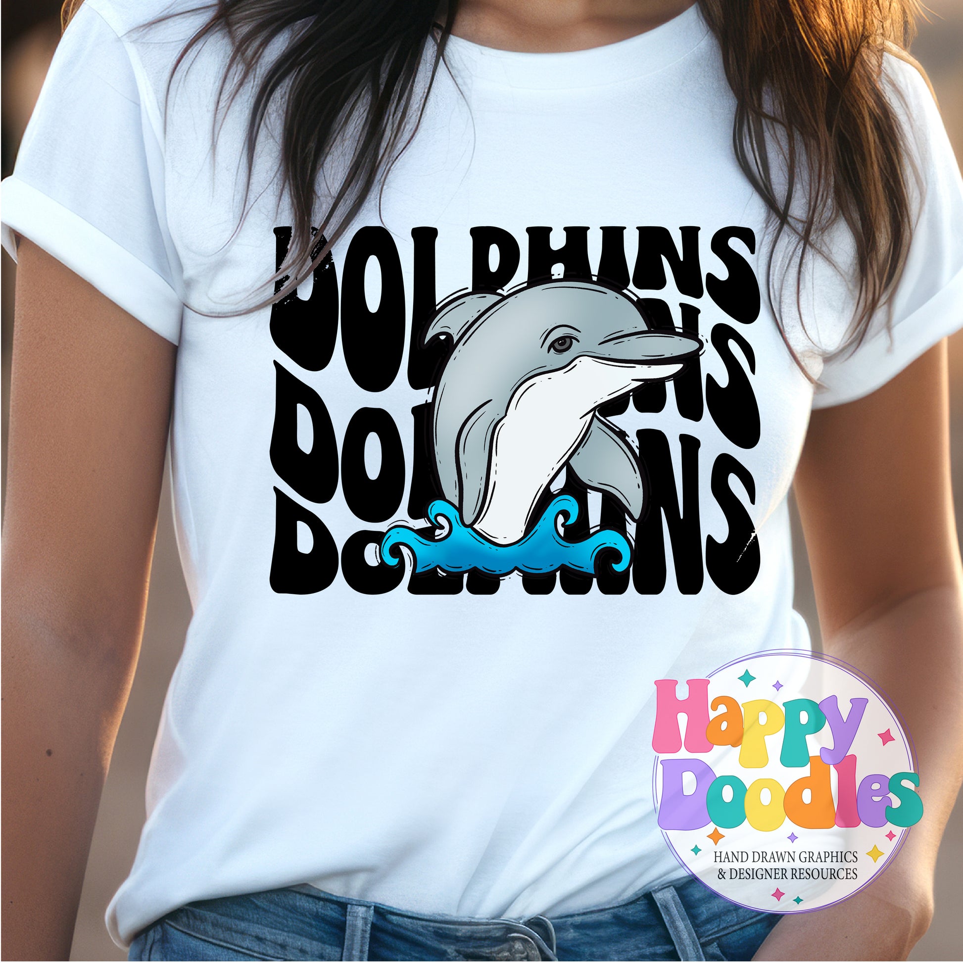 Wavy Retro Dolphins Mascot T‑Shirt Printable PNG Download - Happy Doodles Designs