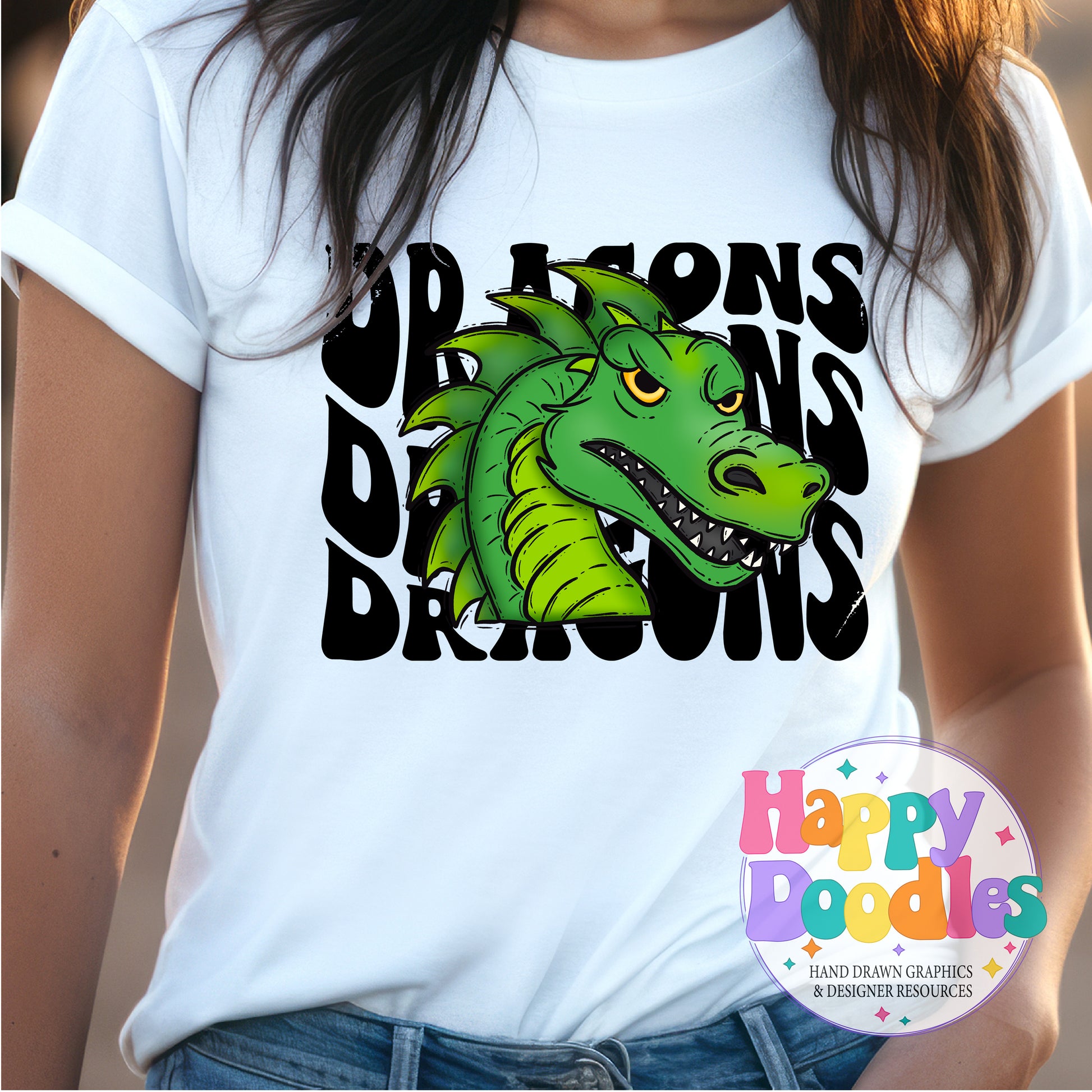 Wavy Retro Dragons Mascot Printable PNG - Happy Doodles Designs