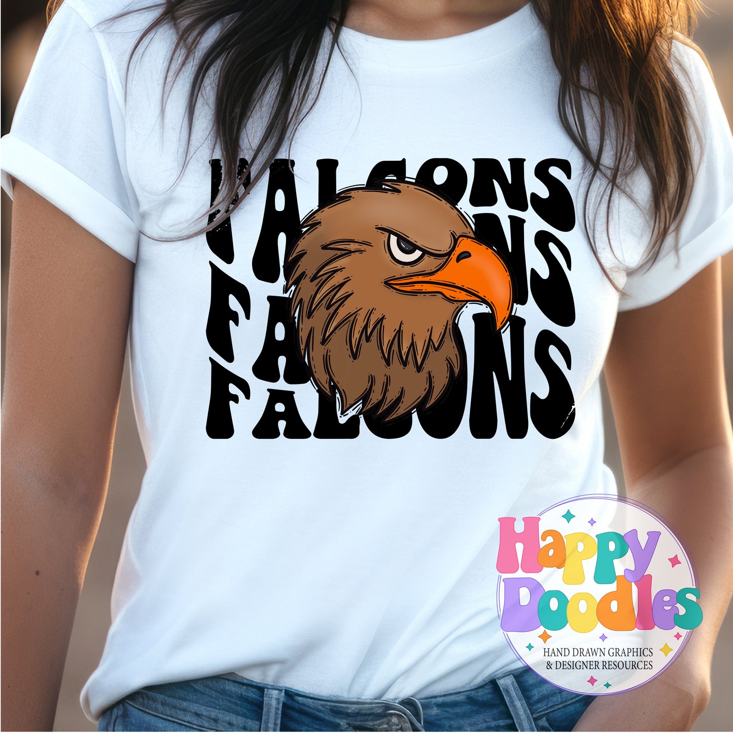 Wavy Retro Falcons Mascot DIY Printable T‑Shirt Design - Happy Doodles Designs