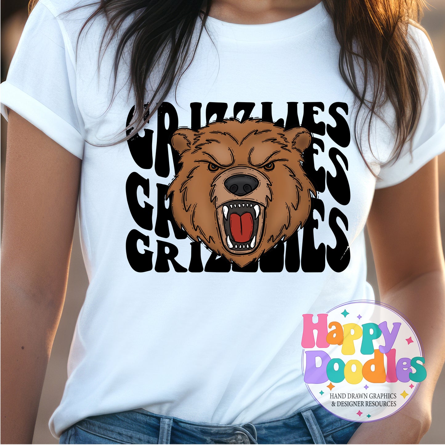 Wavy Retro Grizzlies Mascot T‑Shirt Printable PNG Download - Happy Doodles Designs