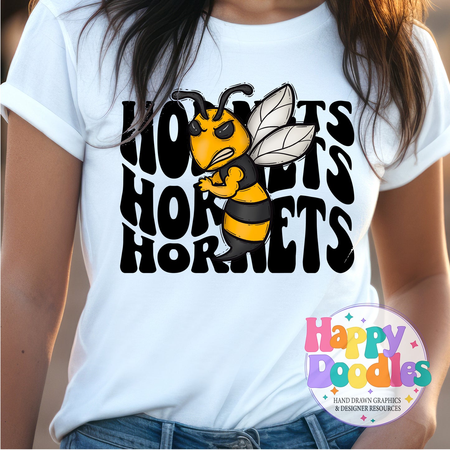Wavy Retro Hornets Mascot Printable PNG for Sublimation & Crafts - Happy Doodles Designs