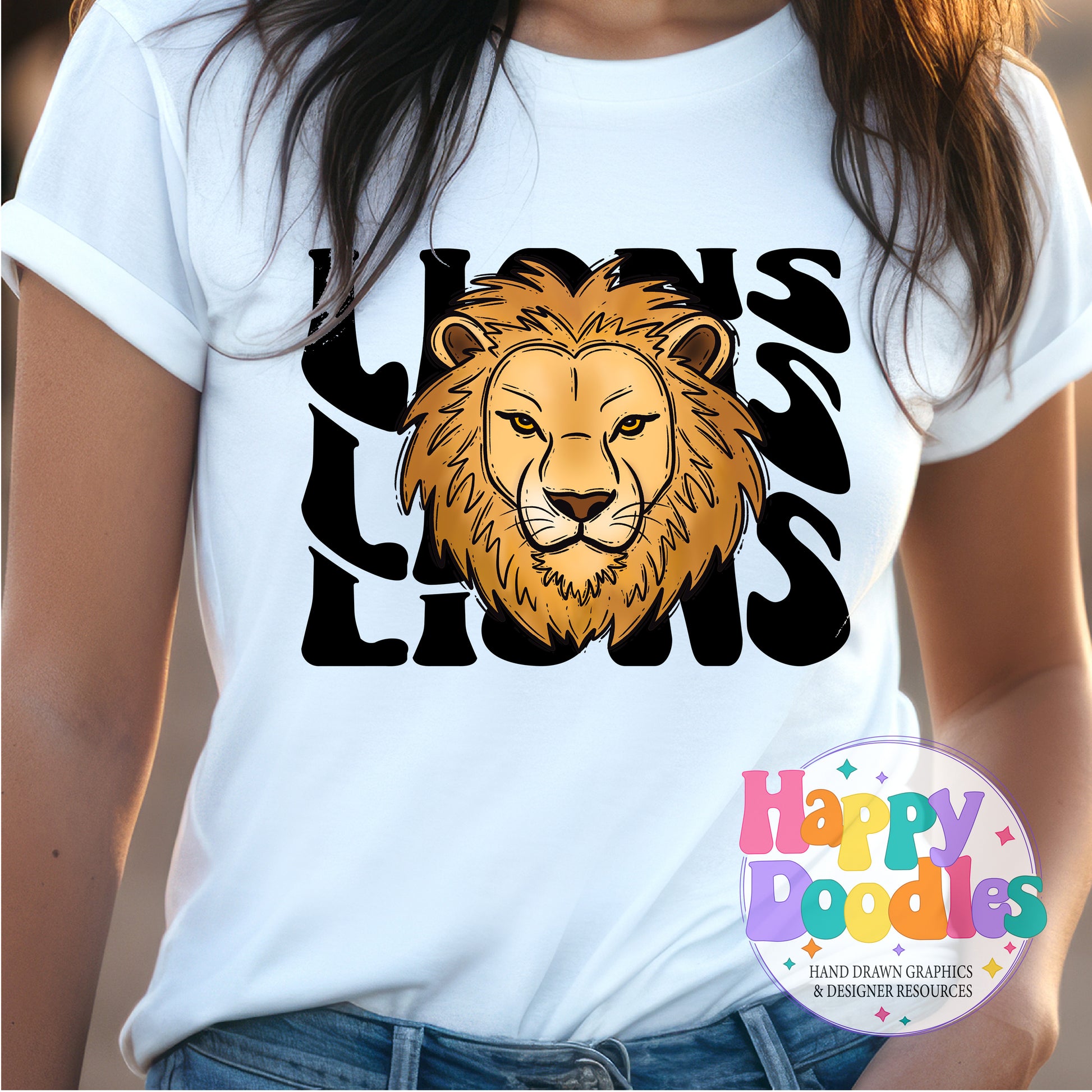 Wavy Retro Lions Mascot DIY Printable T‑Shirt Design - Happy Doodles Designs