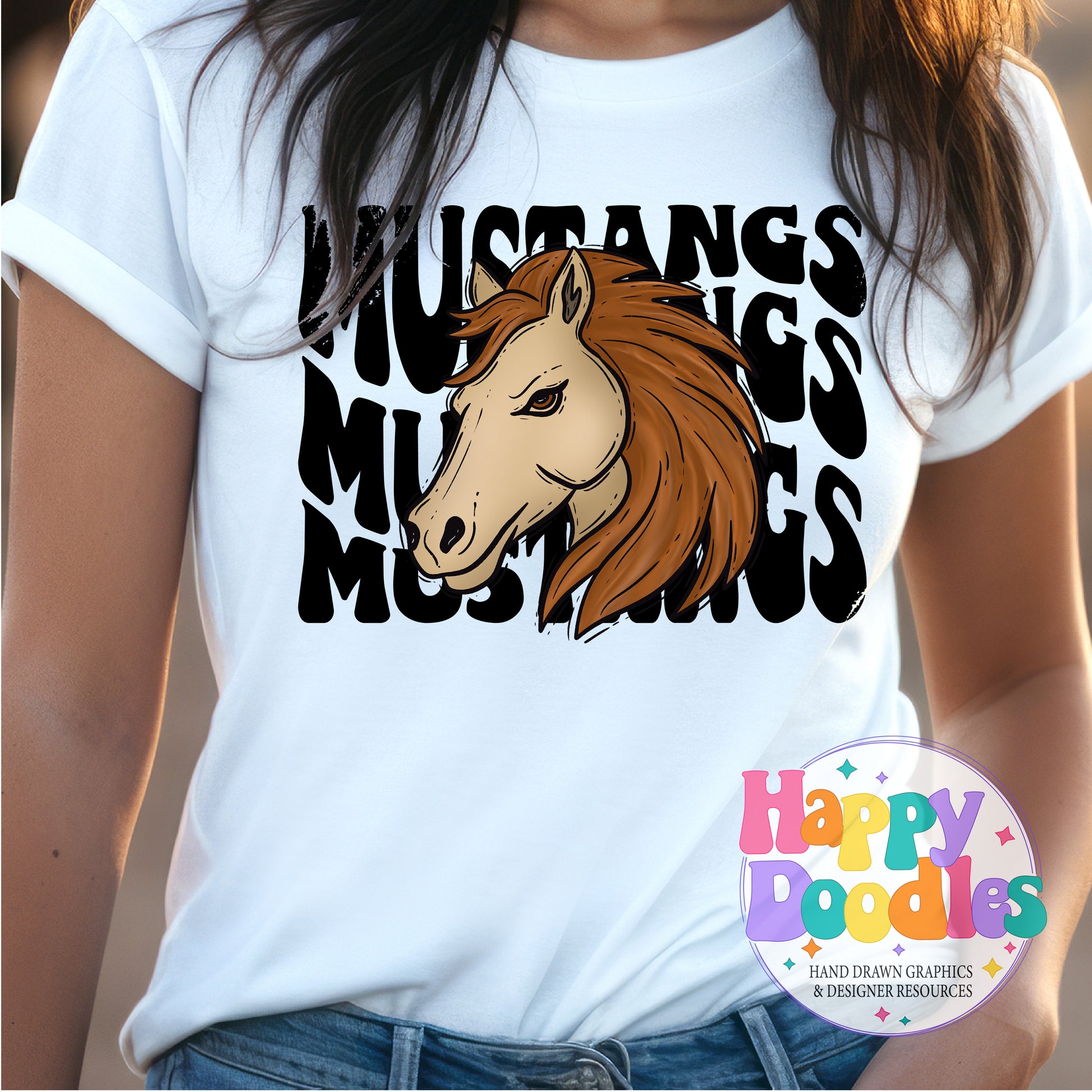 Wavy Retro Mustangs Mascot Printable PNG T‑Shirt Design - Happy Doodles Designs
