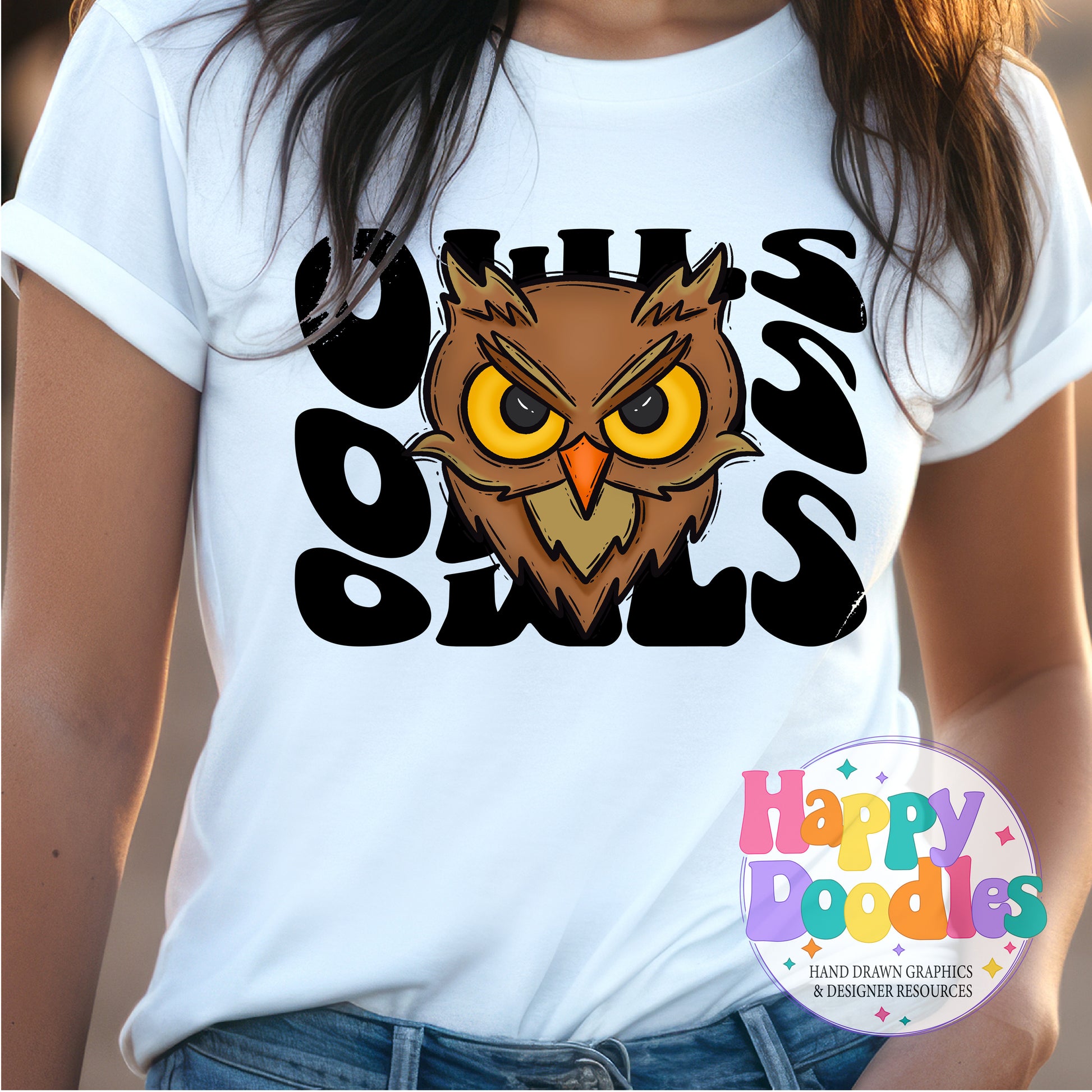 Wavy Retro Owls Mascot DIY Printable T‑Shirt Design - Happy Doodles Designs