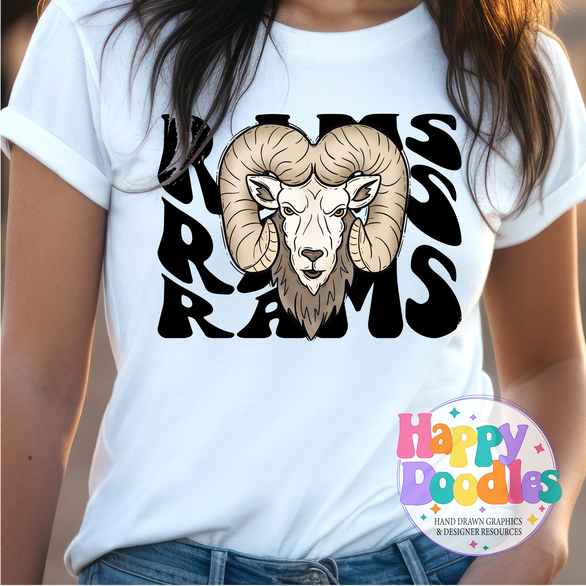 Wavy Retro Rams Mascot Printable PNG for Sublimation & Crafts - Happy Doodles Designs