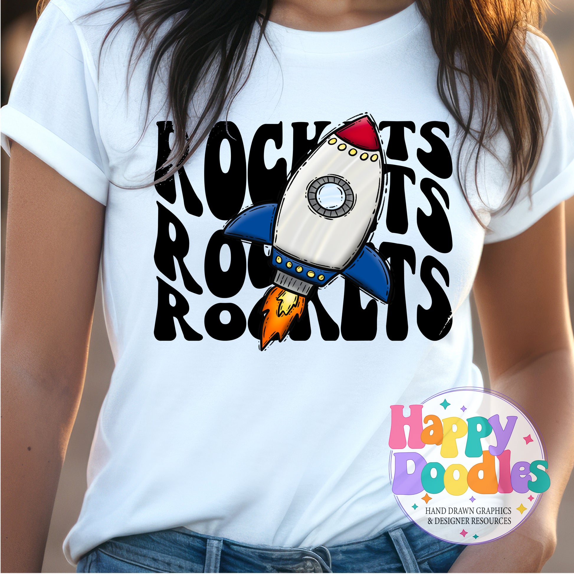 Wavy Retro Rockets Mascot Printable PNG T‑Shirt Design - Happy Doodles Designs