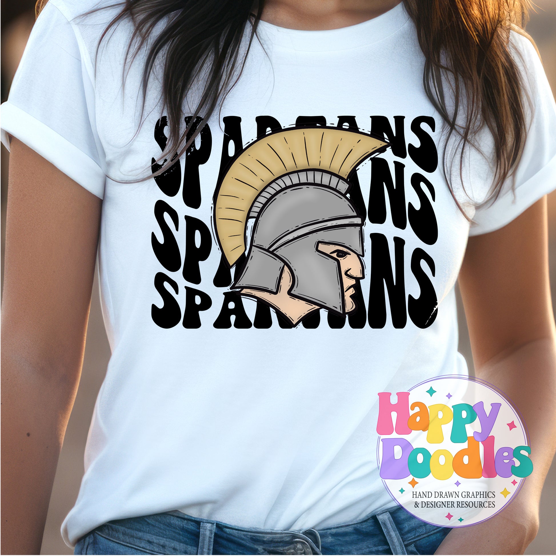 Wavy Retro Spartans Mascot Printable PNG T‑Shirt Design - Happy Doodles Designs
