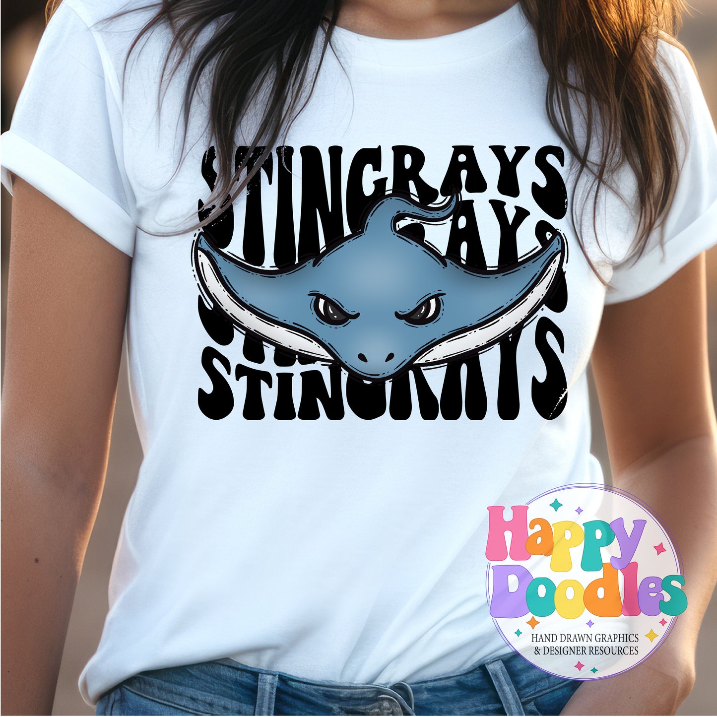 Wavy Retro Stingrays Mascot Printable PNG T‑Shirt Design - Happy Doodles Designs