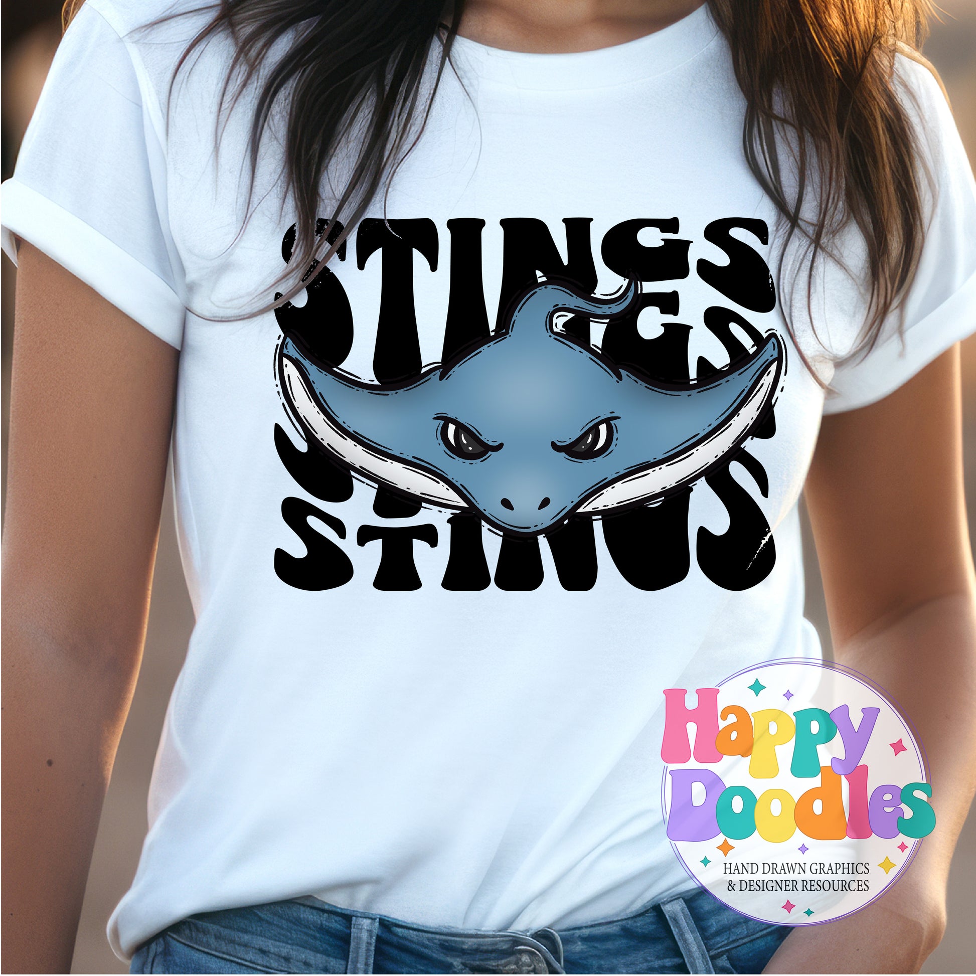Wavy Retro Stings Mascot Printable PNG T‑Shirt Design - Happy Doodles Designs