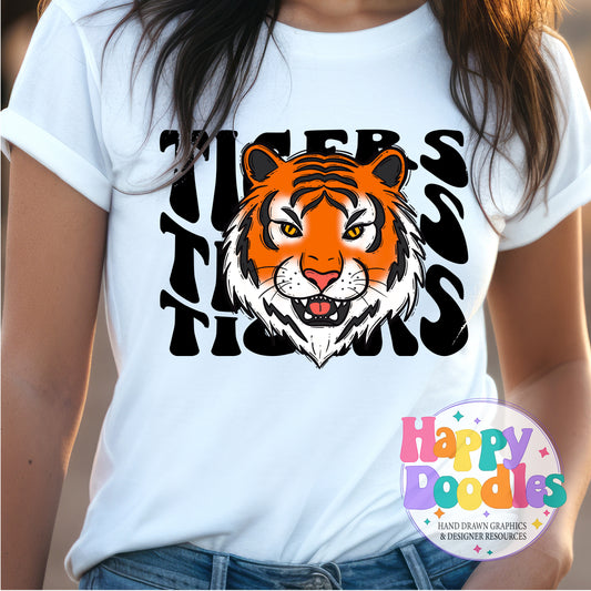 Wavy Retro Tigers Mascot Printable PNG for Sublimation & Crafts - Happy Doodles Designs