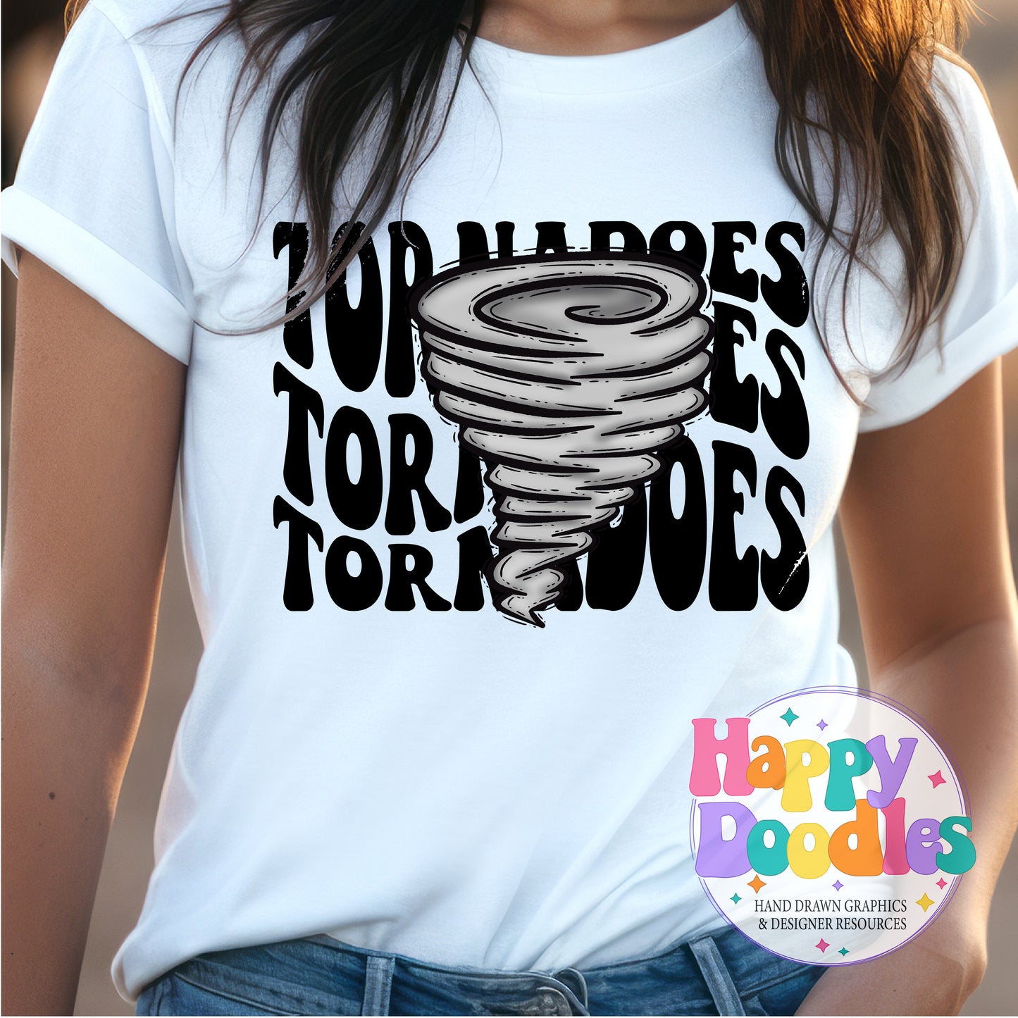 Wavy Retro Tornadoes Mascot Printable PNG T‑Shirt Design - Happy Doodles Designs