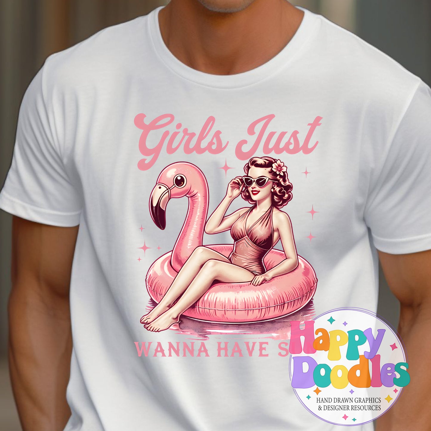 Girls Just Wanna Have Sun Flamingo Float DIY Printable T-Shirt Design - Happy Doodles Designs