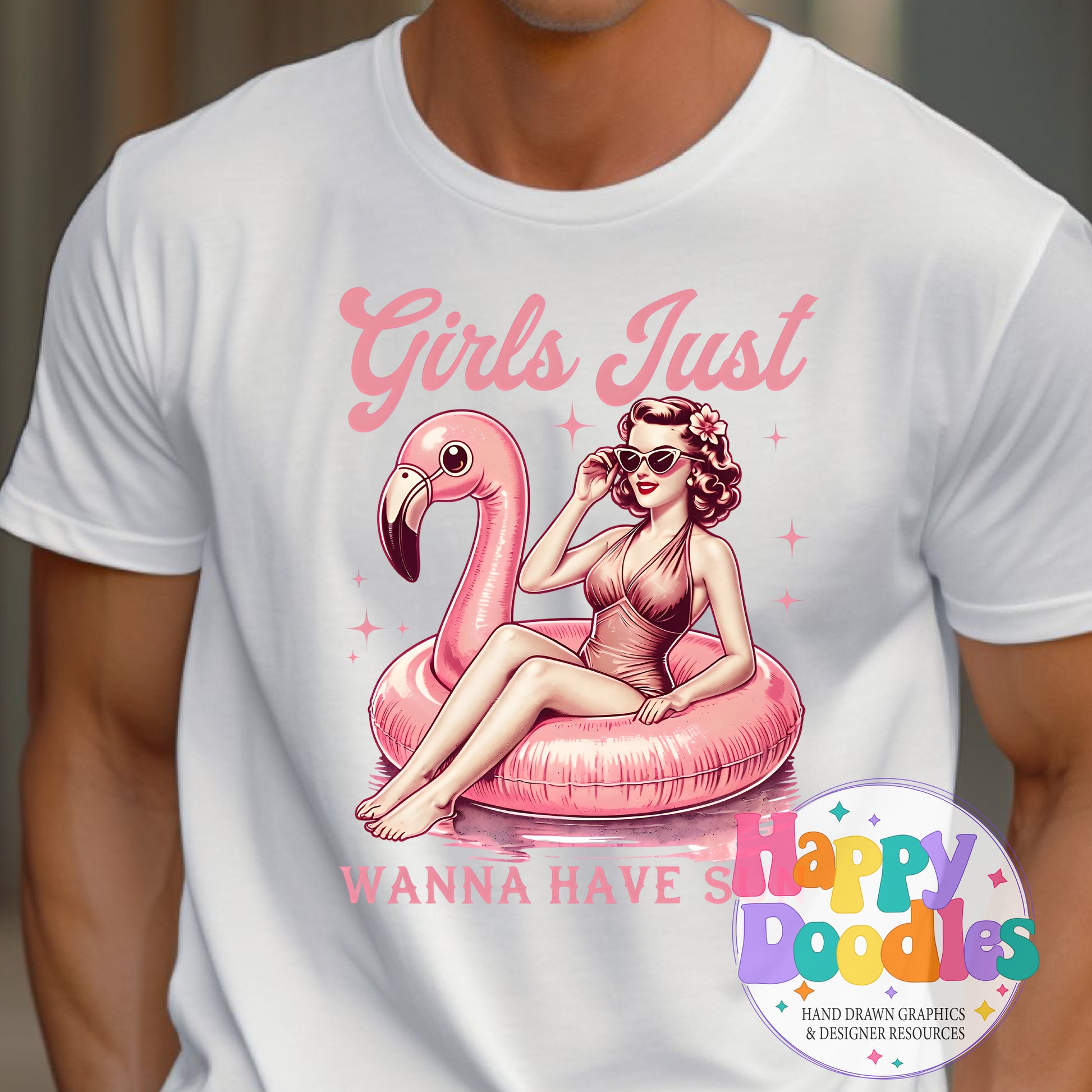 Girls Just Wanna Have Sun Flamingo Float DIY Printable T-Shirt Design - Happy Doodles Designs