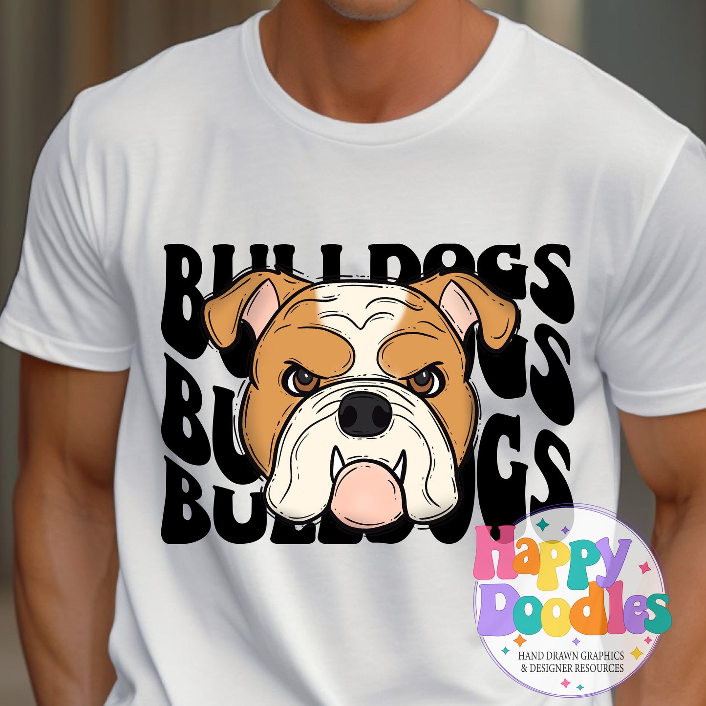 Wavy Retro Bulldogs Mascot DIY Printable T‑Shirt Design - Happy Doodles Designs