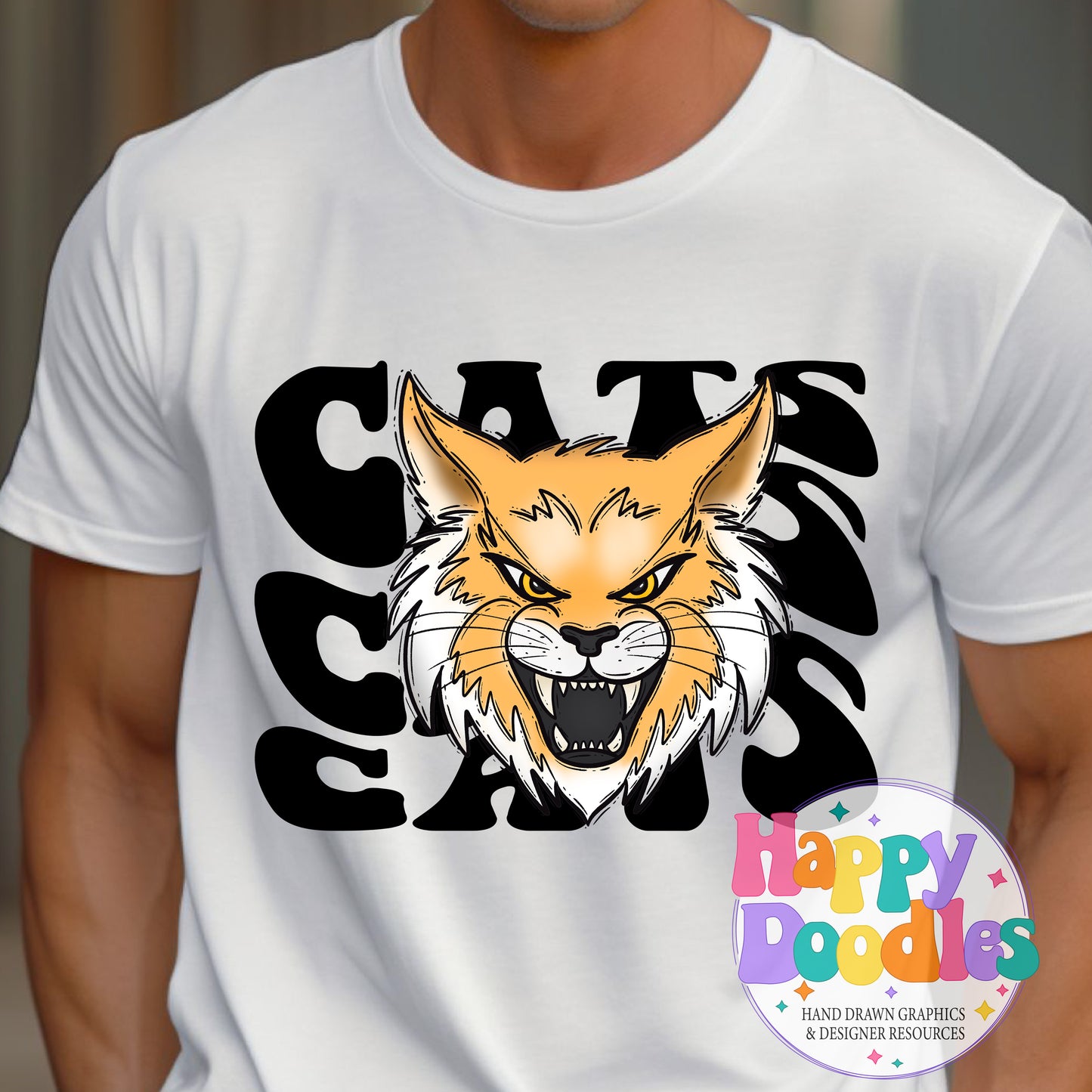 Wavy Retro Cats Mascot T‑Shirt Printable PNG Download - Happy Doodles Designs