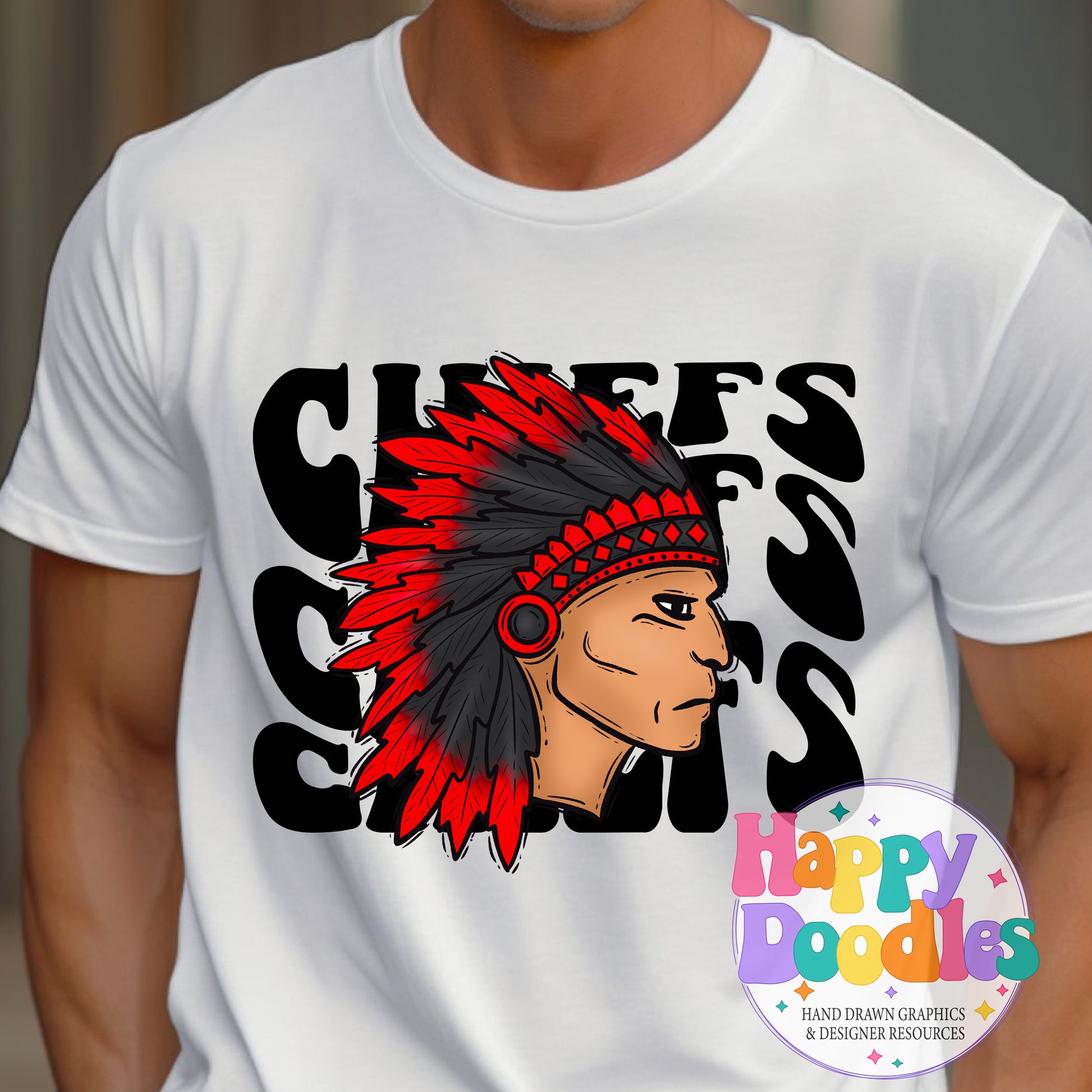 Wavy Retro Chiefs Mascot Printable PNG T‑Shirt Design - Happy Doodles Designs