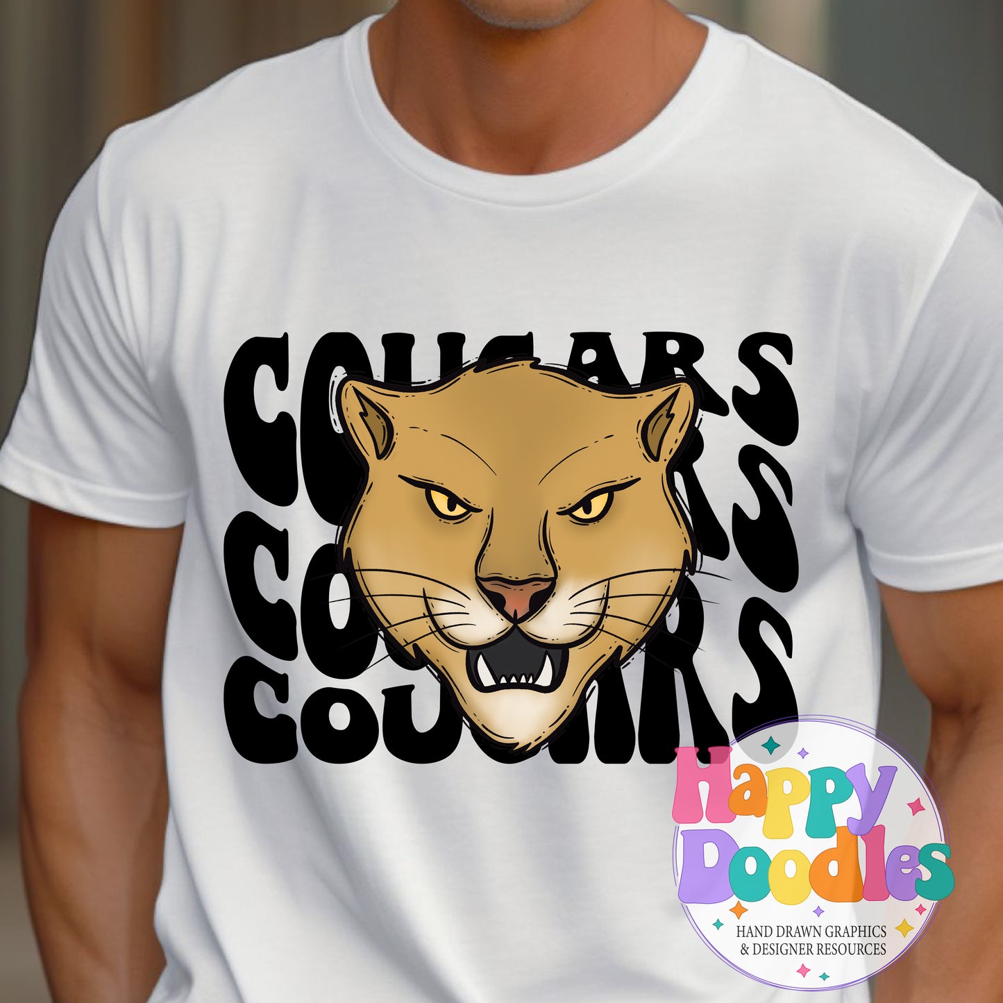 Wavy Retro Cougars Mascot Printable PNG for Sublimation & Crafts - Happy Doodles Designs