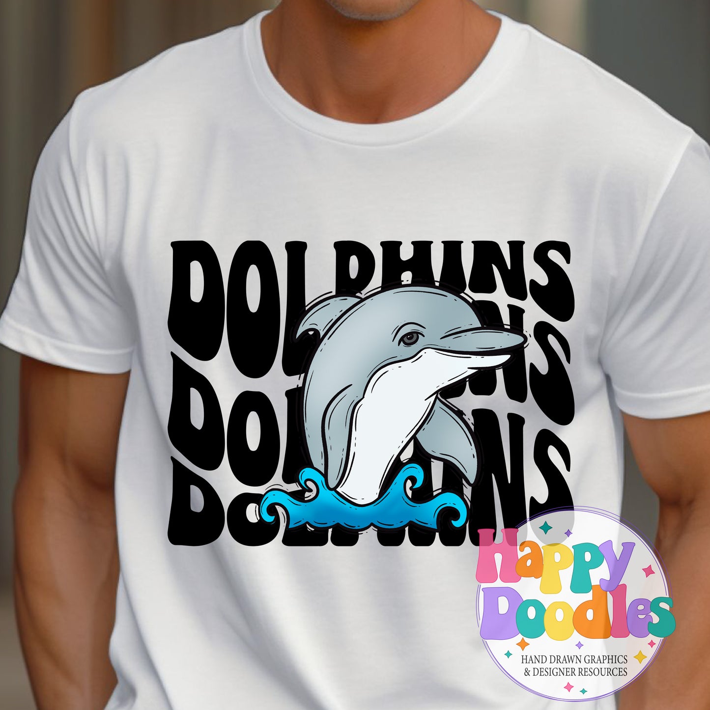 Wavy Retro Dolphins Mascot T‑Shirt Printable PNG Download - Happy Doodles Designs