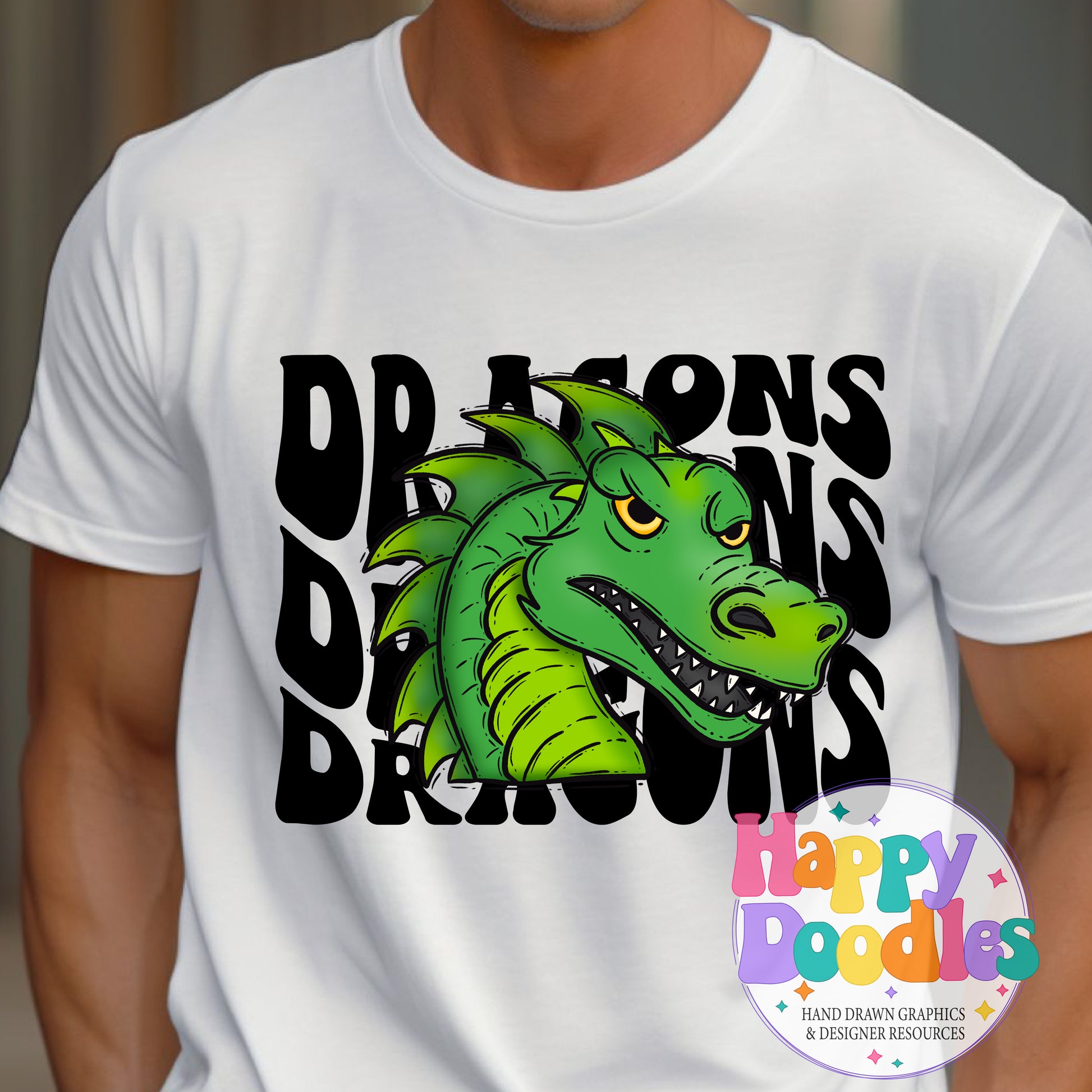 Wavy Retro Dragons Mascot Printable PNG - Happy Doodles Designs