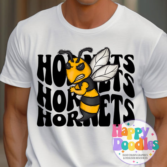 Wavy Retro Hornets Mascot Printable PNG for Sublimation & Crafts - Happy Doodles Designs