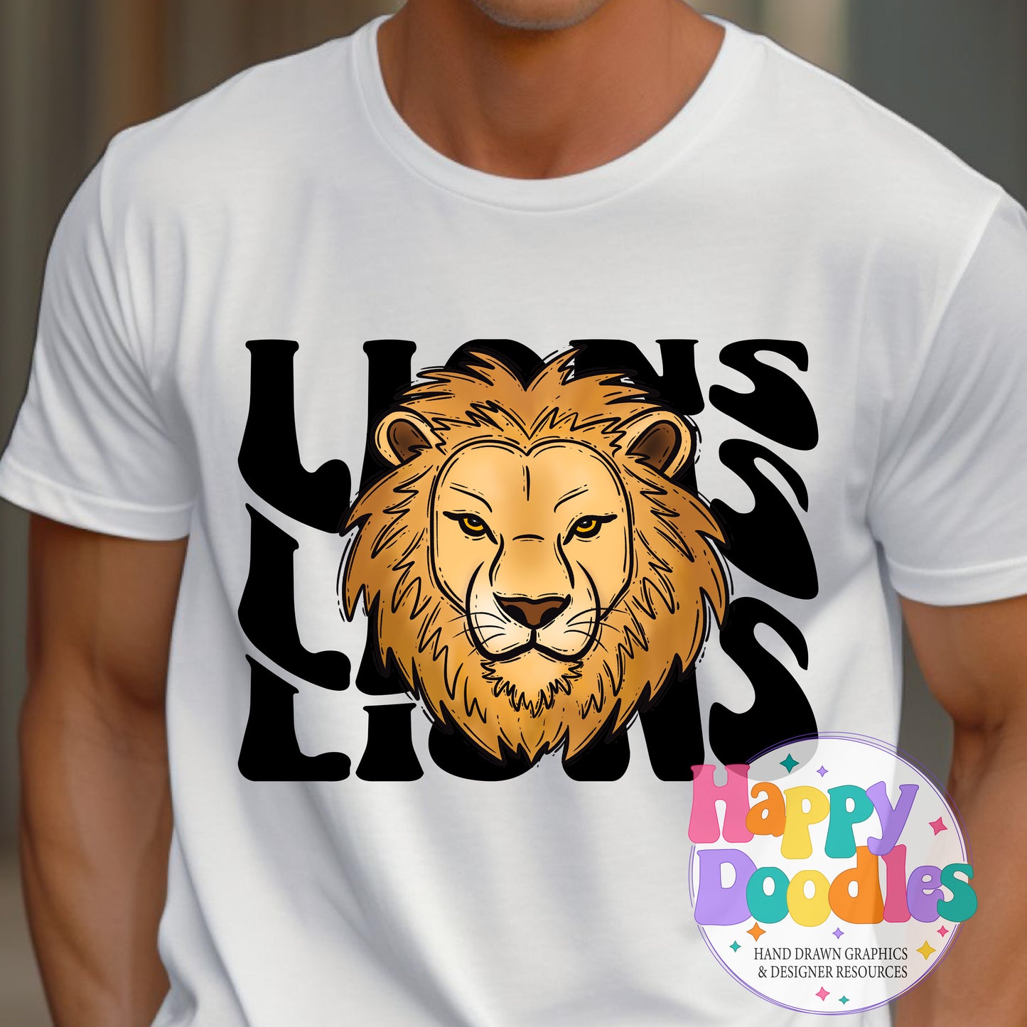 Wavy Retro Lions Mascot DIY Printable T‑Shirt Design - Happy Doodles Designs