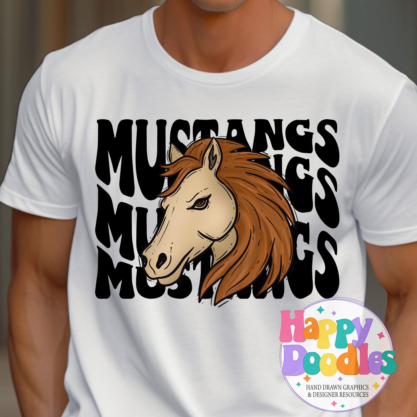 Wavy Retro Mustangs Mascot Printable PNG T‑Shirt Design - Happy Doodles Designs