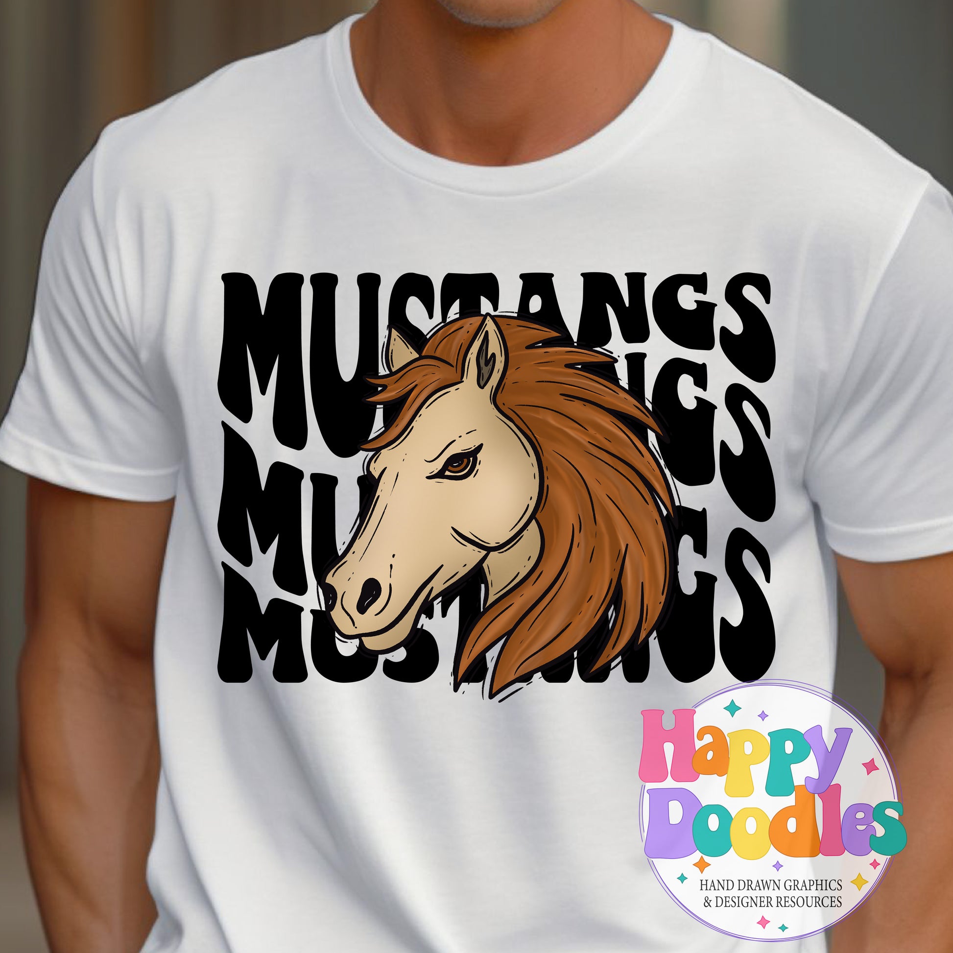 Wavy Retro Mustangs Mascot Printable PNG T‑Shirt Design - Happy Doodles Designs