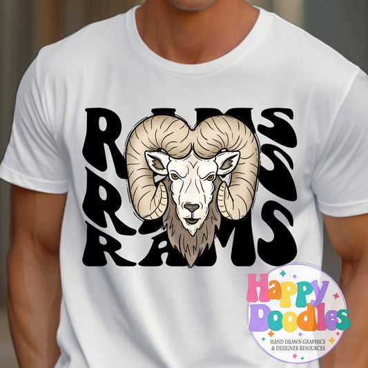 Wavy Retro Rams Mascot Printable PNG for Sublimation & Crafts - Happy Doodles Designs